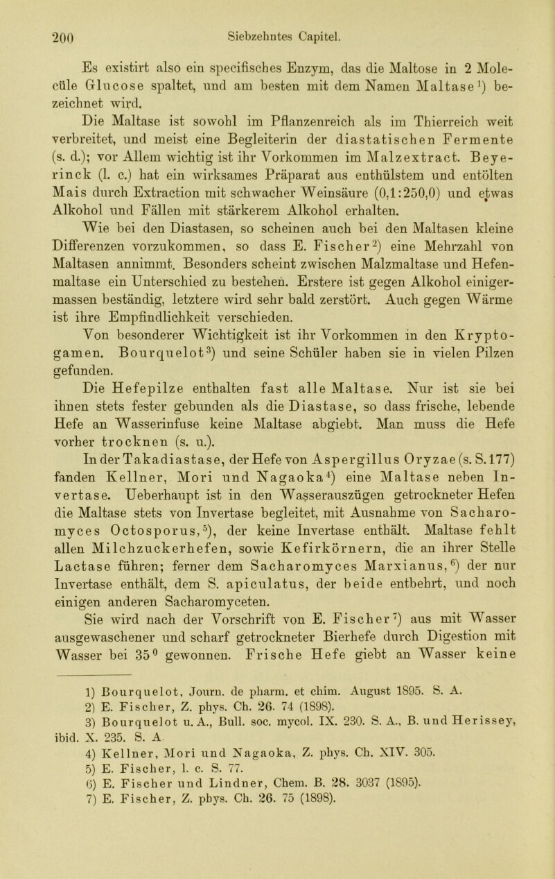 Es existirt also ein specifisches Enzym, das die Maltose in 2 Mole- cüle Glncose spaltet, und am besten mit dem Namen Maltase’) be- zeichnet wird. Die Maltase ist sowohl im Pflanzenreich als im Thierreich weit verbreitet, und meist eine Begleiterin der diastatischen Fermente (s. d.); vor Allem wichtig ist ihr Vorkommen imMalzextract. Beye- rin ck (1. c.) hat ein wirksames Präparat aus enthülstem und entölten Mais durch Extraction mit schwacher Weinsäure (0,1:250,0) und etwas Alkohol und Fällen mit stärkerem Alkohol erhalten. Wie bei den Diastasen, so scheinen auch bei den Maltasen kleine Dififerenzen vorzukommen, so dass E. Fischer2) eine Mehrzahl von Maltasen annimmt. Besonders scheint zwischen Malzmaltase und Hefen- maltase ein Unterschied zu bestehen. Erstere ist gegen Alkohol einiger- massen beständig, letztere wird sehr bald zerstört. Auch gegen Wärme ist ihre Empfindlichkeit verschieden. Von besonderer Wichtigkeit ist ihr Vorkommen in den Krypto- gamen. Bourquelot^) und seine Schüler haben sie in vielen Pilzen gefunden. Die Hefepilze enthalten fast alle Maltase. Nur ist sie bei ihnen stets fester gebunden als die Diastase, so dass frische, lebende Hefe an Wasserinfuse keine Maltase abgiebt. Man muss die Hefe vorher trocknen (s. u.). InderTakadiastase, der Hefe von Aspergillus Oryzae(s. S. 177) fanden Kellner, Mori und Nagaoka^) eine Maltase neben In- vertase. Ueberhaupt ist in den Wasserauszügen getrockneter Hefen die Maltase stets von Invertase begleitet, mit Ausnahme von Sacharo- myces Octosporus,^), der keine Invertase enthält. Maltase fehlt allen Milchzuckerhefen, sowie Kefirkörnern, die an ihrer Stelle Lactase führen; ferner dem Sacharomyces Marxianus,^) der nur Invertase enthält, dem S. apiculatus, der beide entbehrt, und noch einigen anderen Sacharomyceten. Sie wird nach der Vorschrift von E. Fischer) aus mit Wasser ausgewaschener und scharf getrockneter Bierhefe durch Digestion mit Wasser bei 35® gewonnen. Frische Hefe giebt an Wasser keine 1) ßourquelot, Joiirn. de pharm, et chim. August 1895. S. A. 2) E. Fischer, Z. phys. Ch. 26. 74 (1898). 3) Bourquelot u. A., Bull. soc. mycol. IX. 230. S. A., B. und Her issey, ibid. X. 235. S. A. 4) Kellner, Mori und Nagaoka, Z. phys. Ch. XIV. 305. .5) E. Fischer, 1. c. S. 77. 6) E. Fischer und Lindner, Chem. B. 28. 3037 (1895). 7) E. Fischer, Z. phys. Ch. 26. 75 (1898).