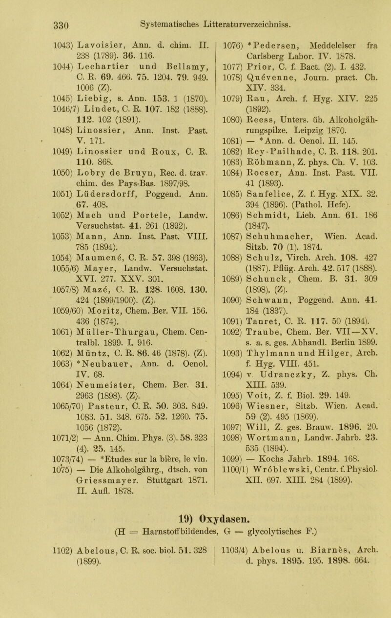 1043) Lavoisier, Ann. d. chim. II. 238 (1789). 36. 116. 1044) Lechartier und Bellamy, C. R. 69. 466. 75. 1204. 79. 949. 1006 (Z). 1045) Liebig, s. Ann. 153. 1 (1870). 1046/7) Lindet, C. R. 107. 182 (1888). 112. 102 (1891). 1048) Linossier, Ann. Inst. Fast. V. 171. 1049) Linossier und Roux, C. R. 110. 868. 1050) Lobry de Bruyn, Rec. d. trav. chim. des Pays-Bas. 1897/98. 1051) Lüdersdorff, Poggend. Ann. 67. 408. 1052) Mach und Portele, Landw. Versuchstat. 41. 261 (1892). 1053) Mann, Ann. Inst. Fast. VIII. 785 (1894). 1054) Maumenö, C. R. 57. 398 (1863). 1055/6) Mayer, Landw. Versuchstat. XVI. 277. XXV. 301. 1057/8) Maze, C. R. 128. 1608. 130. 424 (1899/1900). (Z). 1059/60) Moritz, Chem. Ber. VII. 156. 436 (1874). 1061) Müller-Thurgau, Chem. Cen- tralbl. 1899. I. 916. 1062) Müntz, C. R. 86. 46 (1878). (Z). 1063) *Neubauer, Ann. d. Oenol. IV. 68. 1064) Neumeister, Chem. Ber. 31. 2963 (1898). (Z). 1065/70) Pasteur, C. R. 50. 303. 849. 1083. 51. 348. 675. 52. 1260. 75. 1056 (1872). 1071/2) — Ann. Chim. Phys. (3). 58. 323 (4). 25. 145. 1073/74) — *Etudes sur la bi^re, le vin. 1075) — Die Alkoholgährg., dtsch. von Griessmayer. Stuttgart 1871. II. Aufl. 1878. 1076) *Pedersen, Meddelelser fra Carlsberg Labor. IV. 1878. 1077) Prior, C. f. Bact. (2). I. 432. 1078) Qu^venne, Journ. pract. Ch. XIV. 334. 1079) Rau, Arch. f. Hyg. XIV. 225 (1892). 1080) Ree SS, Unters, üb. Alkoholgäh- rungspilze. Leipzig 1870. 1081) — *Ann. d. Oenol. II. 145. 1082) Rey-Pailhade, C. R. 118. 201. 1083) Röhmann, Z. phys. Ch. V. 103. 1084) Roes er, Ann. Inst. Fast. VII, 41 (1893). 1085) Sanfelice, Z. f. Hyg. XIX. 32. 394 (1896). (Pathol. Hefe). 1086) Schmidt, Lieb. Ann. 61. 186 (1847). 1087) Schuhmacher, Wien. Acad. Sitzb. 70 (1). 1874. 1088) Schulz, Virch. Arch. 108. 427 (1887). Pflüg. Arch. 42. 517 (1888). 1089) Schunck, Chem. B. 31. 309 (1898). (Z). 1090) Schwann, Poggend. Ann. 41. 184 (1837). 1091) Tanret, C. R. 117. 50 (1894). 1092) Traube, Chem. Ber. VII—XV. s. a. s. ges. Abhandl. Berlin 1899. 1093) Thylmann und Hilger, Arch. f. Hyg. VIII. 451. 1094) V, Udranczky, Z. phys. Ch. XHI. 539. 1095) Voit, Z. f. Biol. 29. 149. 1096) Wiesner, Sitzb. Wien. Acad. 59 (2). 495 (1869). 1097) Will, Z. ges. Brauw. 1896. 20. 1098) Wortmann, Landw. Jahrb. 23. 535 (1894). 1099) — Kochs Jahrb. 1894. 168. 1100/1) Wröblewski, Centr. f.Physiol. XII. 697. XHI. 284 (1899). * 19) Oxydasen. (H = Harnstoffbildendes, G = glycolytisches F.) 1102) Abelous, C. R. soc. biol. 51. 328 (1899). 1103/4) Abelous u. Biarnfes, Arch. d. phys. 1895. 195. 1898. 664.