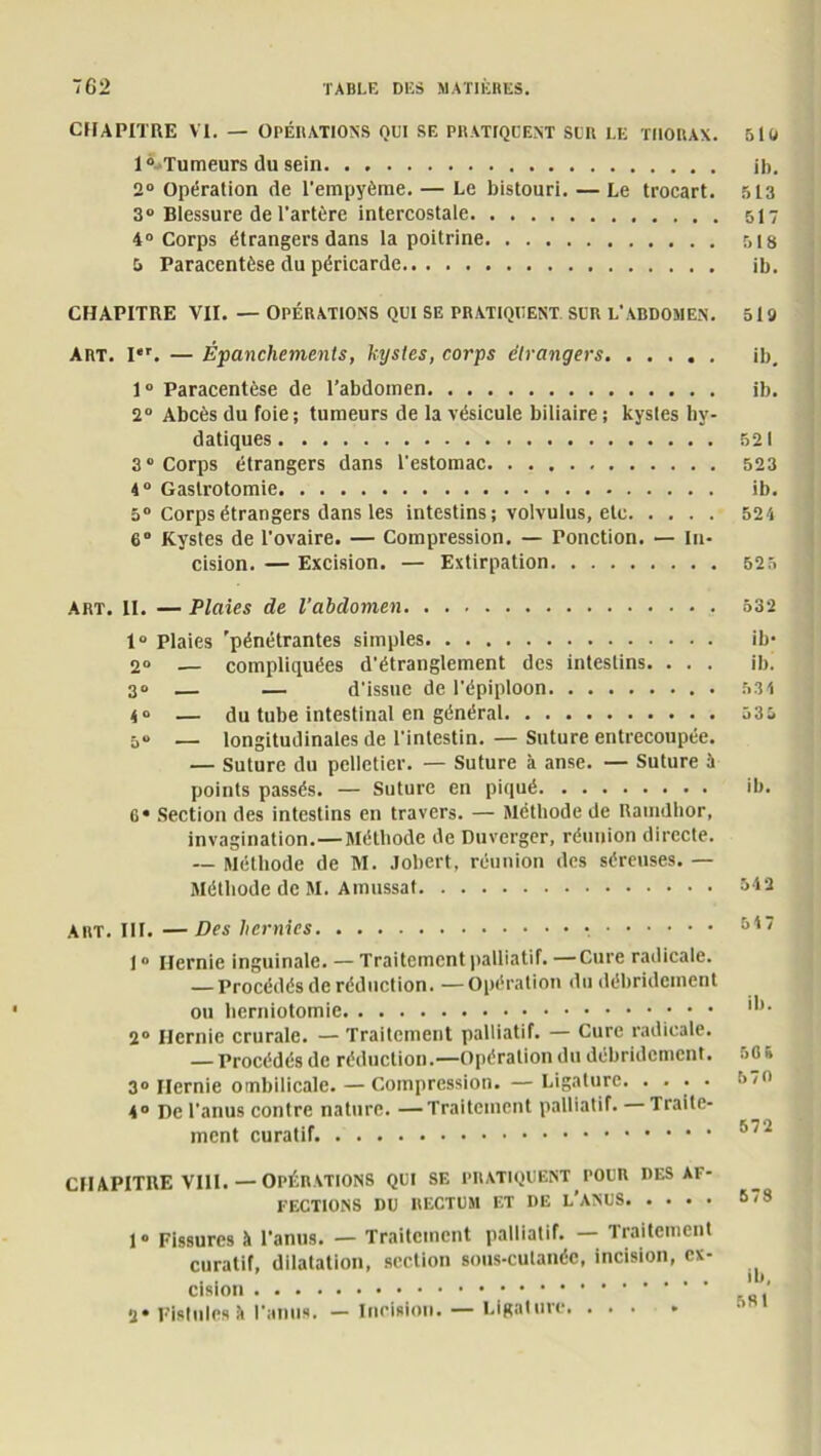 CHAPITRE VI. — OPÉRATIONS OUI SE PRATIQUENT SUR LE THORAX. 510 1 <CTumeurs du sein ib. 2° Opération de l'empyème. — Le bistouri. — Le trocart. 513 3° Blessure de l’artère intercostale 517 4° Corps étrangers dans la poitrine 518 5 Paracentèse du péricarde ib. chapitre vil. — opérations qui se pratiquent sur l'abdomen, sla Art. Ier. — Épanchements, kystes, corps étrangers ib. 1° Paracentèse de l’abdomen ib. 2° Abcès du foie ; tumeurs de la vésicule biliaire ; kystes hy- datiques 521 3° Corps étrangers dans l'estomac 523 4° Gastrotomie ib. 5° Corps étrangers dans les intestins; volvulus, etc 524 6° Kystes de l’ovaire. — Compression. — Ponction. — In- cision. — Excision. — Extirpation 525 Art. H. — Plaies de l’abdomen 532 1“ Plaies 'pénétrantes simples ib- 2° — compliquées d'étranglement des intestins. . . . ib. 3» — — d'issue de l'épiploon 534 4° — du tube intestinal en général 535 5» .—. longitudinales de l'intestin. — Suture entrecoupée. — Suture du pelletier. — Suture à anse. — Suture à points passés. — Suture en piqué ib. O* Section des intestins en travers. — Méthode de Ramdhor, invagination.—Méthode de Duverger, réunion directe. — Méthode de M. Jobert, réunion des séreuses. — Méthode de M. Amussat 542 Art. III.—Des hernies 10 Hernie inguinale. — Traitement palliatif. —Cure radicale. — Procédés de réduction. — Opération du débridement ou herniotomie • • 2° Hernie crurale. — Traitement palliatif. — Cure radicale. — Procédés de réduction.—Opération du débridement. 3° Hernie ombilicale. — Compression. — Ligature. .... 4° De l'anus contre nature. —Traitement palliatif. Traite- ment curatif. CHAPITRE VIII.— Opérations qui se pratiquent pour des af- fections DU RECTUM ET DE L’ANUS 1« Fissures îi l'anus. — Traitement palliatif. — Traitement curatif, dilatation, section sous-culanéc, incision, ex- cision 2* Fistules & l'anus. — Incision. — Ligature 573 ib, 581 517 ib. 5G& 570 572