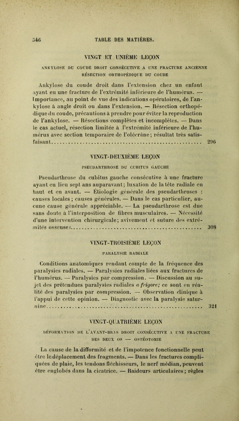 VINGT ET UNIÈME LEÇON ANKYLOSE DU COUDE DROIT CONSÉCUTIVE A UNE FRACTURE ANCIENNE RÉSECTION ORTHOPÉDIQUE DU COUDE Ankylosé du coude droit dans l’extension chez un enfant ayant eu une fracture de l’extrémité inférieure de l’humérus. — Importance, au point de vue des indications opératoires, de l’an- kylose à angle droit ou dans l’extension. — Résection orthopé- dique du coude, précautions à prendre pour éviter la reproduction de l’ankylose. — Résections complètes et incomplètes. — Dans te cas actuel, résection limitée à l’extrémité inférieure de l’hu- mérus avec section temporaire de l’olécràne ; résultat très satis- faisant 296 VINGT-DEUXIÈME LEÇON PSEUDARTHROSE DU CUBITUS GAUCHE Pseudarthrose du cubitus gauche consécutive à une fracture ayant eu lieu sept ans auparavant; luxation de la tète radiale en haut et en avant. — Étiologie générale des pseudarthroses : causes locales ; causes générales. — Dans le cas particulier, au- cune cause générale appréciable. — La pseudarthrose est due sans doute à l’interposition de fibres musculaires. — Nécessité d’une intervention chirurgicale; avivement et suture des extré- mités osseuses 308 VINGT-TROISIÈME LEÇON PARALYSIE RADIALE Conditions anatomiques rendant compte de la fréquence des paralysies radiales. — Paralysies radiales liées aux fractures de l’humérus. — Paralysies par compression. — Discussion au su- jet des prétendues paralysies radiales a frigore; ce sont en réa- lité des paralysies par compression. — Observation clinique à l’appui de cette opinion. — Diagnostic avec la paralysie satur- nine 321 VINGT-QUATRIÈME LEÇON DÉFORMATION DE L’AVANT-BRAS DROIT CONSÉCUTIVE A UNE FRACTURE DES DEUX OS — OSTÉOTOMIE La cause de la difformité et de l’impotence fonctionnelle peut être le déplacement des fragments. — Dans les fractures compli- quées de plaie, les tendons fléchisseurs, le nerf médian, peuvent être englobés dans la cicatrice. — Raideurs articulaires ; règles