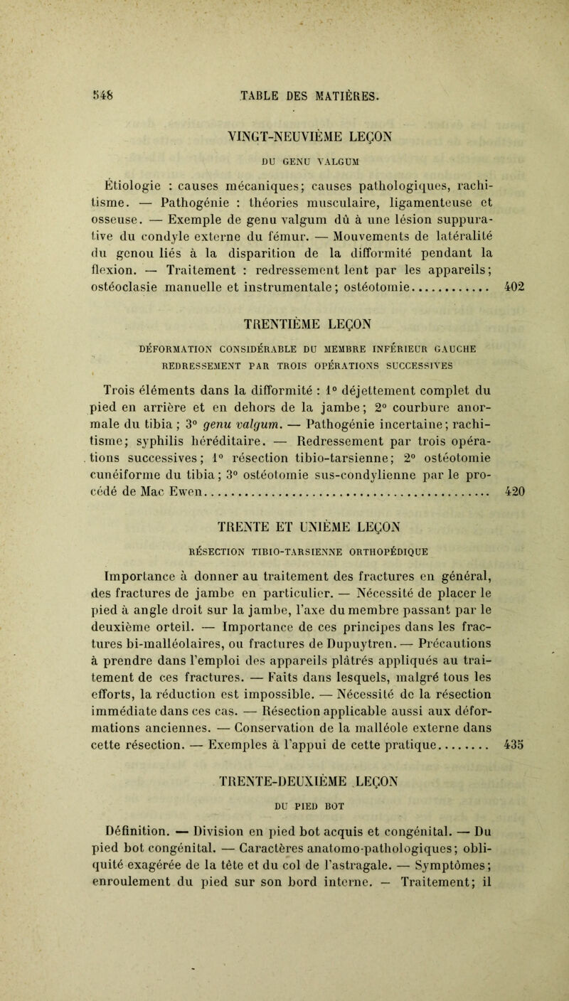 VINGT-NEUVIÈME LEÇON DU GENU YALGUM Étiologie : causes mécaniques; causes pathologiques, rachi- tisme. — Pathogénie : théories musculaire, ligamenteuse et osseuse. — Exemple de genu valgum dû à une lésion suppura- tive du condyle externe du fémur. — Mouvements de latéralité du genou liés à la disparition de la difformité pendant la flexion. — Traitement : redressement lent par les appareils ; ostéoclasie manuelle et instrumentale; ostéotomie 402 TRENTIÈME LEÇON DÉFORMATION CONSIDÉRABLE DU MEMBRE INFERIEUR GAUCHE REDRESSEMENT PAR TROIS OPÉRATIONS SUCCESSIVES Trois éléments dans la difformité : 1° déjettement complet du pied en arrière et en dehors de la jambe; 2° courbure anor- male du tibia ; 3° genu valgum. — Pathogénie incertaine; rachi- tisme; syphilis héréditaire. — Redressement par trois opéra- tions successives; 1° résection tibio-tarsienne; 2° ostéotomie cunéiforme du tibia ; 3° ostéotomie sus-condylienne par le pro- cédé de Mac Ewen 420 TRENTE ET UNIÈME LEÇON RÉSECTION TIBIO-TARSIENNE ORTHOPÉDIQUE Importance à donner au traitement des fractures en général, des fractures de jambe en particulier. — Nécessité de placer le pied à angle droit sur la jambe, l’axe du membre passant par le deuxième orteil. — Importance de ces principes dans les frac- tures bi-malléolaires, ou fractures de Dupuytren. — Précautions à prendre dans l’emploi des appareils plâtrés appliqués au trai- tement de ces fractures. — Faits dans lesquels, malgré tous les efforts, la réduction est impossible. — Nécessité de la résection immédiate dans ces cas. — Résection applicable aussi aux défor- mations anciennes. — Conservation de la malléole externe dans cette résection. — Exemples à l’appui de cette pratique 435 TRENTE-DEUXIÈME LEÇON DU PIED BOT Définition. — Division en pied bot acquis et congénital. — Du pied bot congénital. — Caractères anatomo-pathologiques; obli- quité exagérée de la tête et du col de l’astragale. — Symptômes; enroulement du pied sur son bord interne. — Traitement; il