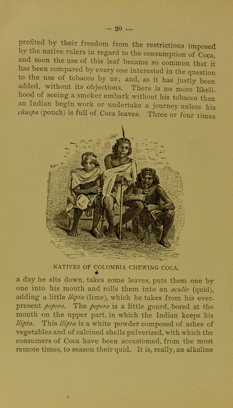 profited by their freedom from the restrictions imposed by the native rulers in regard to the consumption of Coca, and soon the use of this leaf became so common that it has been compared by every one interested in the question to the use of tobacco by us; and, as it has justly been added, without its objections. There is no more likeli- hood of seeing a smoker embark without his tobacco than an Indian begin work or undertake a journey unless his cJmspa (pouch) is full of Coca leaves. Three or four times NATIVES OF COLOMBIA CHEWING COCA. a day he sits down, takes some leaves, puts them one by one into his mouth and rolls them into an aculio (quid), adding a little llipta (lime), which he takes from his ever- present poporo. The poporo is a little gourd, bored at the mouth on the upper part, in which the Indian keeps his llipta. This llipta is a white powder composed of ashes of vegetables and of calcined shells pulverized, with which the consumers of Coca have been accustomed, from the most remote times, to season their quid. It is, really, an alkaline