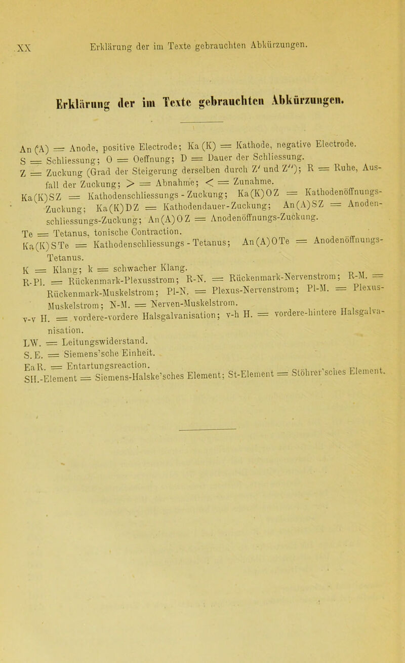 Erkliiviiiig der iiii Texte gebrauchten Abkürzungen. _ Anode, positive Electrode; Ka (K) = Kathode, negative Electrode. g __ Schliessung; 0 = Oeffnung; D = Dauer der Schliessung. 2 = Zuckung (Grad der Steigerung derselben durch Z'undZ); R = Ruhe, Aus- fall der Zuckung; > = Abnahme; < = Zunahme. Ka(K)SZ = Kathodenschliessungs - Zuckung; Ka(K)OZ = Kathodenöffnungs- Zuckung; Ka(K)DZ = Kathodendauer-Zuckung; An(A)SZ = Anoden- schliessungs-Zuckung; An(A)OZ = AnodenöPfnungs-Zuckung. Te = Tetanus, tonische Contraction. Ka(K)STe = Kathodenschliessungs - Tetanus; An(A)OTe = AnodenöfTnungs- Tetanus. K = Klang; k = schwacher Klang. i, m _ ^.p] — Rückenmark-Plexusstrom; R-X. = Rückenmark-Xervenstrom; R-. . 'Rückenmark-Muskelstrom; Pl-X. = Plexus-Nervenstrom; Pl-M. = Plexus- Muskelstrom; X-.M. = Xerven-Muskelstrom. v-v H. = vordere-vordere Halsgalvanisation; v-h H. = vordere-hmtere Halsgalva- nisation. LW. = Leitungswiderstand. S.E. = Siemens’sche Einheit. EaR = Entartungsreaction. i.-, SH.-Element = Siemens-Halske’sches Element; St-Element = Stohrer sches Element.