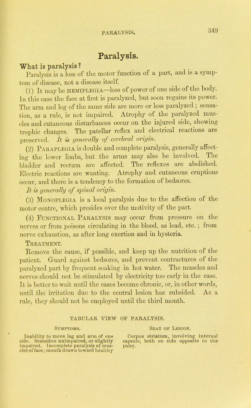 PARALYSIS. Paralysis. What is paralysis ? Paralysis is a loss of the motor function of a part, and is a symp- tom of disease, not a disease itself. (1) It may be hemiplegia—loss of power of one side of the body. In this case the face at first is paralyzed, but soon regains its power. The arm and leg of the same side are more or less paralyzed ; sensa- tion, as a rule, is not impaired. Atrophy of the paralyzed mus- cles and cutaneous disturbances occur on the injured side, showing trophic changes. The patellar reflex and electrical reactions are preserved. It is generally of cerebral origin. (2) Paraplegia is double and complete paralysis, generally affect- ing the lower limbs, but the arms may also be involved. The bladder and rectum are aflFected. The reflexes are abolished. Electric reactions are wanting. Atrophy and cutaneous eruptions occur, and there is a tendency to the formation of bedsores. It is generally of spinal origin. (3) Monoplegia is a local paralysis due to the affection of the motor centre, which presides over the motivity of the part. (4) Functional Paralysis may occur from pressure on the nerves or from poisons circulating in the blood, as lead, etc. ; from nerve exhaustion, as after long exertion and in hysteria. Treatment. Remove the cause, if possible, and keep up the nutrition of the patient. Guard against bedsores, and prevent contractures of the paralyzed part by frequent soaking in hot water. The muscles and nerves should not be stimulated by electricity too early in the case. It is better to wait until the cases become chronic, or, in other words, until the irritation due to the central lesion has subsided. As a rule, they should not be employed until the third month. TABULAR VIEW OF PARALYSIS. Symptoms. Skat op Lesion. Inability to move leg and arm of one Corpus striatum, involving internal side. Sensation unimpaired, or slightly capsule, both on side opposlto to the impaired. Incomplete paralysis of mus- palsy, clesof face; mouth drawn toward healthy