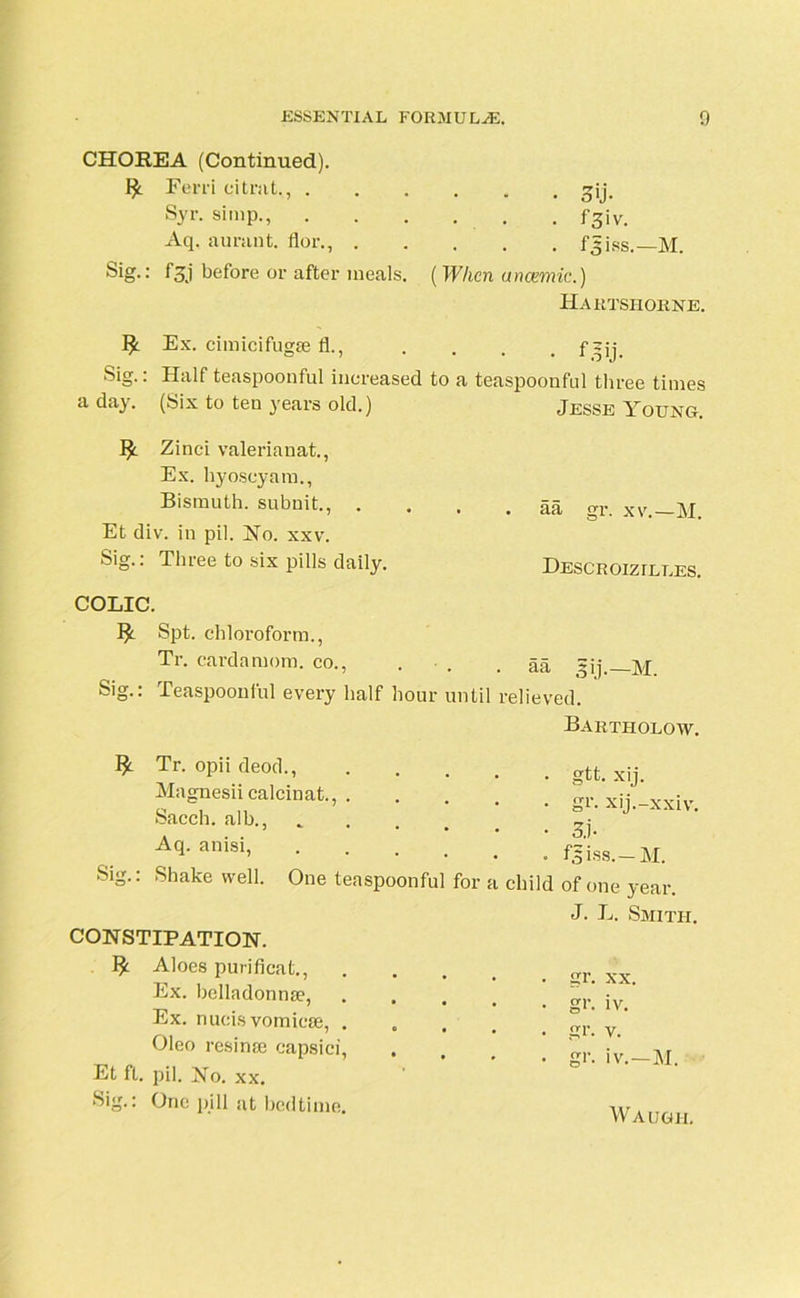 CHOREA (Continued). Ferri citrat,, gij. Syr. simp., fgiv. Aq. aurant. flor., f^iss. M. Sig.■ fS.i before or after meals. ( When anaemic.) Haktsiiorne. $ Ex. cimicifugse fl., . . . _ f ~jj !sig.. Half teaspoontul increased to a teaspoonful three times a day. (Six to ten years old.) Jesse Young. Zinci valerianat., Ex. hyoseyam., Bismuth, subuit., . aa gr. xv.—M. Et div. in pil. No. xxv. Sig.. Tlnee to six pills daily. Descroizixles. COLIC. Spt. chloroform., Tr. cardamom, co., . . . aa gij.—M. Sig.: Teaspoonful every half hour until relieved. Bartfiolow. Tr. opii deod., . Magnesii calcinat., . Sacch. alb., 3 • • • • Aq. anisi, .... Sig.: Shake well. One teaspoonful for a CONSTIPATION. Aloes purificat., . Ex. bclladonnse, . Ex. nucis vomicse, . Oleo resinse capsici, Et ft. pil. No. xx. Sig.: One pill at bedtime. • gtt. xij. . gr. xij.-xxiv. • 3.1 • . fsiss.—M. child of one year. J. E. Smith. . gr. xx. • gr. iv. • gr. v. . gr. iv.—M. Waugh.