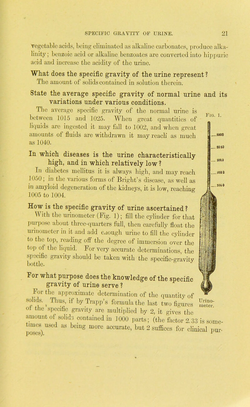 vegetable acids, being eliminated as alkaline carbonates, produce alka- linity; benzoic acid or alkaline benzoates are converted into hippuric acid and increase the acidity of the urine. What does the specific gravity of the urine represent 1 The amount of solids contained iu solution therein. State the average specific gravity of normal urine and its variations under various conditions. The average specific gravity of the normal urine is between 1015 and 1025. When great quantities of liquids are ingested it may fall to 1002, and when great amounts of fluids are withdrawn it may reach' as much as 1040. In which diseases is the urine characteristically high, and in which relatively low ? In diabetes mellitus it is always high, and may reach 1050; in the various forms of Bright’s disease, as well as in amyloid degeneration of the kidneys, it is low, reaching 1005 to 1004. How is the specific gravity of urine ascertained ? With the urinometer (Fig. 1); fill the cylinder for that purpose about three-quarters full, then carefully float the urinometer in it and add enough urine to fill the cylinder to the top, reading off the degree of immersion over the top of the liquid. For very accurate determinations, the specific gravity should be taken with the specific-gravity bottle. For what purpose does the knowledge of the specific gravity of urine serve ? For the approximate determination of the quantity of sohds. ( Thus, if by Trapp’s formula the last two figures 2X ol the specific gravity are multiplied by 2, it gives the amount of solids contained in 1000 parts; (the factor 2.33 is some- times used as being more accurate, but 2 suffices for clinical pur-