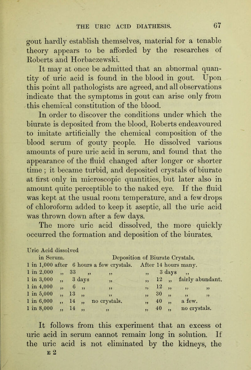 gout hardly establish themselves, material for a tenable theory appears to be afforded by the researches of Roberts and Horbaczewski. It may at once be admitted that an abnormal quan- tity of uric acid is found in the blood in gout. Upon this point all pathologists are agreed, and all observations indicate that the symptoms in gout can arise only from this chemical constitution of the blood. In order to discover the conditions under which the biurate is deposited from the blood, Roberts endeavoured to imitate artificially the chemical composition of the blood serum of gouty people. He dissolved various amounts of pure uric acid in serum, and found that the appearance of the fluid changed after longer or shorter time ; it became turbid, and deposited crystals of biurate at first only in microscopic quantities, but later also in amount quite perceptible to the naked eye. If the fluid was kept at the usual room temperature, and a few drops of chloroform added to keep it aseptic, all the uric acid was thrown down after a few days. The more uric acid dissolved, the more quickly occurred the formation and deposition of the biurates. Uric Acid dissolved in Serum. Deposition of Biurate Crystals. 1 in 1,000 after 6 hours a few crystals. After 14 hours many. 1 in 2,000 „ 33 „ ,, ,, 3 days ,, 1 in 3,000 „ 3 days „ ,, 12 „ fairly abundant. 1 in 4,000 „ 6 „ „ „ 12 „ ,, „ It follows from this experiment that an excess ot uric acid in serum cannot remain long in solution. If the uric acid is not eliminated by the kidneys, the 1 in 5,000 „ 13 „ 1 in 6,000 „ 14 „ 1 in 8,000 „ 14 „ no crystals. a few. no crystals. E 2
