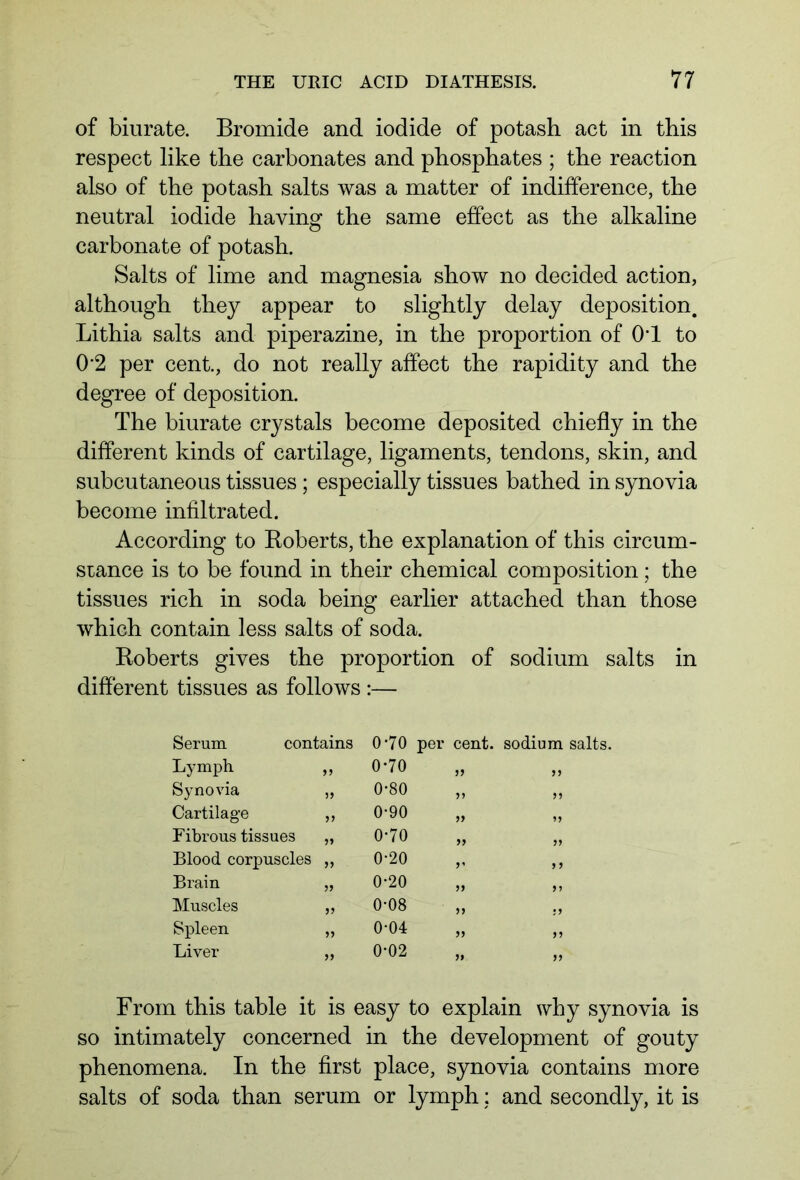 of biurate. Bromide and iodide of potash act in this respect like the carbonates and phosphates ; the reaction also of the potash salts was a matter of indifference, the neutral iodide having the same effect as the alkaline carbonate of potash. Salts of lime and magnesia show no decided action, although they appear to slightly delay deposition. Lithia salts and piperazine, in the proportion of 01 to 0 2 per cent., do not really affect the rapidity and the degree of deposition. The biurate crystals become deposited chiefly in the different kinds of cartilage, ligaments, tendons, skin, and subcutaneous tissues; especially tissues bathed in synovia become infiltrated. According to Koberts, the explanation of this circum- stance is to be found in their chemical composition; the tissues rich in soda being earlier attached than those which contain less salts of soda. Roberts gives the proportion of sodium salts in different tissues as follows :— Serum contains Lymph „ Synovia „ Cartilage ,, Fibrous tissues „ Blood corpuscles „ Brain „ Muscles „ Spleen „ Liver „ From this table it is easy to explain why synovia is so intimately concerned in the development of gouty phenomena. In the first place, synovia contains more salts of soda than serum or lymph; and secondly, it is 0*70 per cent, sodium salts. 0-70 0*80 0-90 „ 0*70 0-20 0-20 0-08 0-04 „ 0*02