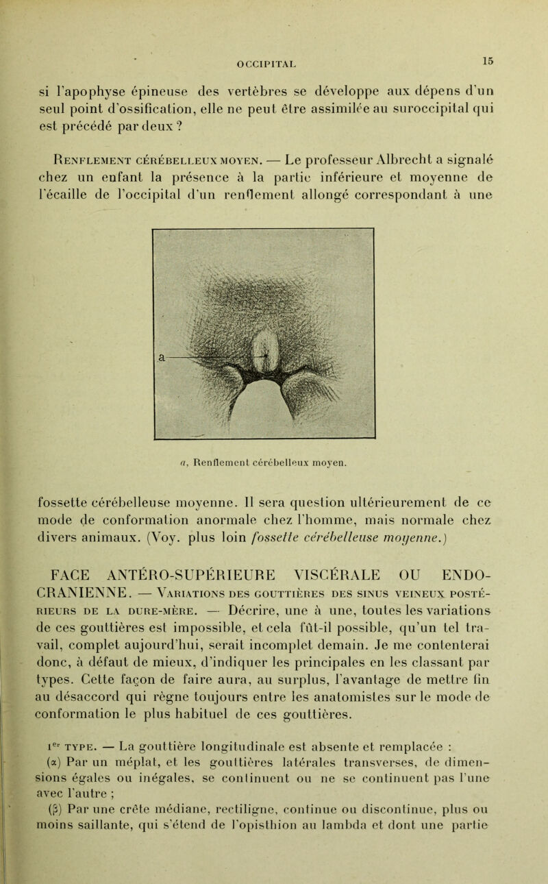 si l’apophyse épineuse des vertèbres se développe aux dépens d’un seul point d’ossification, elle ne peut être assimilée au suroccipital qui est précédé par deux? RenflemExNt cérébelleux moyen. — Le professeur Albrecht a signalé chez un enfant la présence à la partie inférieure et moyenne de l’écaille de l’occipital d’un renflement allongé correspondant à une a, Renflement cérébelleux moyen. fossette cérébelleuse moyenne. 11 sera question ultérieurement de ce mode de conformation anormale chez l’homme, mais normale chez divers animaux. (Voy. plus loin fossette cérébetteiise moijenne.) FACE ANTÉRO-SUPÉRIEURE VISCÉRALE OU ENDO- CRANIENNE. — Variations des gouttières des sinus veineux posté- rieurs DE LA DURE-MÈRE. — Décrire, une à une, toutes les variations de ces gouttières est impossible, et cela fût-il possible, qu’un tel tra- vail, complet aujourd’hui, serait incomplet demain. Je me contenterai donc, à défaut de mieux, d’indiquer les principales en les classant par types. Cette façon de faire aura, au surplus, l’avantage de mettre fin au désaccord qui règne toujours entre les anatomistes sur le mode de conformation le plus habituel de ces gouttières. ler type. — La gouttière longitudinale est absente et remplacée : (a) Par un méplat, et les goultières latérales transverses, de dimen- sions égales ou inégales, se continuent ou ne se continuent pas rune avec l’autre ; (P) Par une crête médiane, rectiligne, continue ou discontinue, plus ou moins saillante, qui s’étend de l'opistliion au lambda et dont une partie