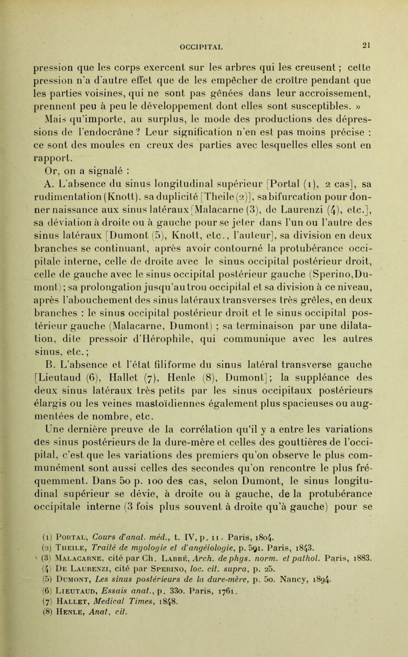 pression que les corps exercent sur les arbres qui les creusent ; cette pression n’a d'autre effet que de les empêcher de croître pendant que les parties voisines, qui ne sont pas gênées dans leur accroissement, prennent peu à peu le développement dont elles sont susceptibles. » Mais qu’importe, au surplus, le mode des productions des dépres- sions de l’endocrâne ? Leur signification n’en est pas moins précise : ce sont des moules en creux des parties avec lesquelles elles sont en rapport. Or, on a signalé : A. L’absence du sinus longitudinal supérieur [Portai (i), 2 cas], sa rudimentation (Knott). sa duplicité [Theile (2)], sa bifurcation pour don- ner naissance aux sinus latéraux [Malacarne (3), de Laurenzi (4), etc.], sa déviation à droite ou à gauche pour se jeter dans l’un ou l’autre des sinus latéraux [Dumont (5), Knott, etc., l’auteur], sa division en deux branches se continuant, après avoir contourné la protubérance occi- pitale interne, celle de droite avec le sinus occipital postérieur droit, celle de gauche avec le sinus occipital postérieur gauche (Sperino,Du- mont); sa prolongation jusqu’au trou occipital et sa division à ce niveau, après l’abouchement des sinus latéraux transverses très grêles, en deux branches : le sinus occipital postérieur droit et le sinus occipital pos- térieur gauche (Malacarne, Dumont) ; sa terminaison par une dilata- tion, dite pressoir d’Hérophile, qui communique avec les autres sinus, etc. ; B. L’absence et l’état filiforme du sinus latéral transverse gauche [Lieutaud (6), Hallet (7), Henle (8), Dumont]; la suppléance des deux sinus latéraux très petits par les sinus occipitaux postérieurs élargis ou les veines mastoïdiennes également plus spacieuses ou aug- mentées de nombre, etc. Une dernière preuve de la corrélation qu’il y a entre les variations des sinus postérieurs de la dure-mère et celles des gouttières de l’occi- pital, c’est que les variations des premiers qu’on observe le plus com- munément sont aussi celles des secondes qu’on rencontre le plus fré- quemment. Dans 5o p. 100 des cas, selon Dumont, le sinus longitu- dinal supérieur se dévie, à droite ou à gauche, de la protubérance occipitale interne (3 fois plus souvent à droite qu’à gauche) pour se (1) PoRTAL, Cours d'anat. méd., t. IV, p. 11. Paris, 1804. (2) Theile, Traité de niyologie et d'angéiologie^ p. 5gi. Paris, i843. ' (3) Malacarne, cité par Ch. Labbé, Arc/i. dephys. norm. et pathol. Paris, i883. (4) De Laurenzi, cité par Sperino, toc. cit. supra, p. 25. (5) Dumont, Les sinus postérieurs de la dure-mère, p. 5o. Nancy, 1894. (6) Lieutaud, Essais anal.,\i, 33o. Paris, 1761. (7) Hallet, Medical Times, 1848. (8) Henle, Anal. cit.