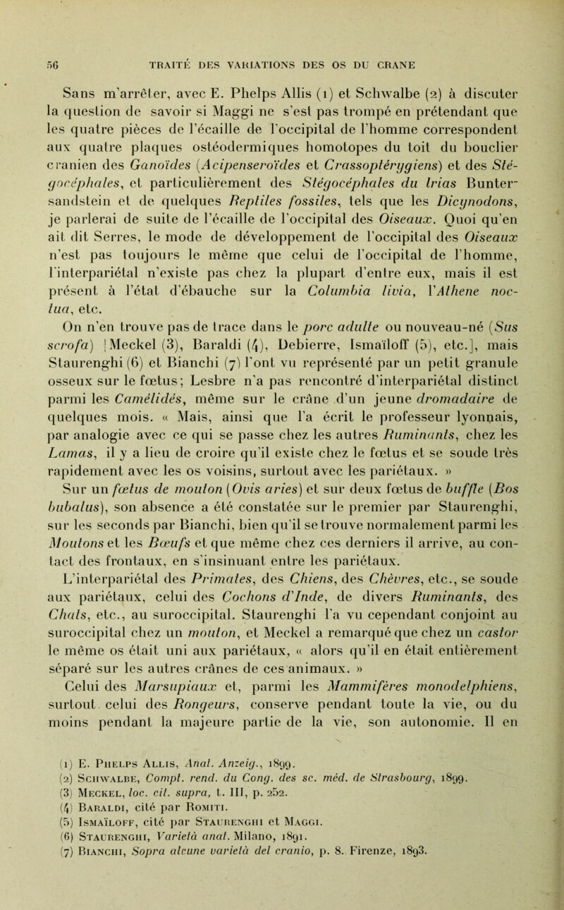 Sans m’arrêter, avec E. Phelps Allis (i) et Schwalbe (2) à discuter la question de savoir si Maggi ne s’est pas trompé en prétendant que les quatre pièces de l’écaille de l’occipital de l’homme correspondent aux quatre plaques ostéodermiques homotopes du toit du bouclier crânien des Ganoïdes [Acipenseroïdes et Crassoptérygiens) et des Sté- gocéphales, et particulièrement des Stégocéphales du Irias Bunter sandstein et de quelques Reptiles fossiles., tels que les Dicynodons^ je parlerai de suite de l’écaille de l’occipital des Oiseaux. Quoi qu’en ait dit Serres, le mode de développement de l’occipital des Oiseaux n’est pas toujours le même que celui de l’occipital de l’homme, l'interpariétal n’existe pas chez la plupart d’entre eux, mais il est présent à l’état d’ébauche sur la Columbia livia, VAthene noc- lua, etc. On n’en trouve pas de trace dans le porc adulte ou nouveau-né [Sus scrofa) |Meckel(3), Baraldi (4), Debierre, Ismaïloff (5), etc.], mais Staurenghi (6) et Bianchi (7) l'ont vu représenté par un petit granule osseux sur le fœtus ; Lesbre n’a pas rencontré d’interpariétal distinct parmi les Camélidés, même sur le crâne ,d’un jeune dromadaire de quelques mois. « Mais, ainsi que l’a écrit le professeur lyonnais, par analogie avec ce qui se passe chez les autres Ruminants, chez les Lamas, il y a lieu de croire qu’il existe chez le fœtus et se soude très rapidement avec les os voisins, surtout avec les pariétaux. » Sur un fœtus de mouton (Ovis aries) et sur deux fœtus de buffle (Ros bubalus), son absence a été constatée sur le premier par Staurenghi, sur les seconds par Bianchi, bien qu’il se trouve normalement parmi les Moutons et les Rœufs et que même chez ces derniers il arrive, au con- tact des frontaux, en s’insinuant entre les pariétaux. L’interpariétal des Primates, des Chiens, des Chèvres, etc., se soude aux pariétaux, celui des Cochons d'Inde, de divers Ruminants, des Chats, etc., au suroccipital. Staurenghi l'a vu cependant conjoint au suroccipital chez un mouton, et Meckel a remarqué que chez un castor le même os était uni aux pariétaux, « alors qu’il en était entièrement séparé sur les autres crânes de ces animaux. » Celui des Marsupiaux et, parmi les Mammifères monodelphiens, surtout, celui des Rongeurs, conserve pendant toute la vie, ou du moins pendant la majeure partie de la vie, son autonomie. Il en fl) E. PiiELPs Allis, Anal. Anzeig., 1899. (2) Schwalbe, Compt. rend, du Cong. des sc. méd. de Strasbourg, 1899. (3) Meckel, toc. cil. supra, t. III, p. 252. (4) Baraldi, cité par Romiti. (5) Ismaïloff, cité par Staurenghi et Maggi. (6) Staurenghi, Varielà anal. Milano, 1891. (7) Bianchi, Sopra alcune varielà del cranio, p. 8. Firenze, 1898.