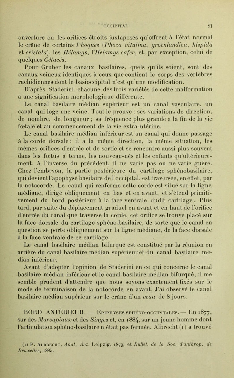 ouverture ou les orifices étroits juxtaposés qu’offrent à l’état normal le crâne de certains Phoques [Phocci viiulina, groenlandica, hispida et cristata), les Hélamys, VHelamys cafer^ et, par exception, celui de quelques Cétacés. Pour Gruber les canaux basilaires, quels qu’ils soient, sont des canaux veineux identiques à ceux que contient le corps des vertèbres rachidiennes dont le basioccipital n’est qu’une modification. D’après Staderini, chacune des trois variétés de cette malformation a une signification morphologique différente. Le canal basilaire médian supérieur est un canal vasculaire, un canal qui loge une veine. Tout le prouve : ses variations de direction, de nombre, de, longueur ; sa fréquence plus grande à la fin de la vie fœtale et au commencement de la vie extra-utérine. Le canal basilaire médian inférieur est un canal qui donne passage à la corde dorsale: il a la même direction, la même situation, les mêmes orifices d’entrée et de sortie et se rencontre aussi plus souvent dans les fœtus à terme, les nouveau-nés et les enfants qu’ultérieure- ment. A l’inverse du précédent, il ne varie pas ou ne varie guère. Chez l’embryon, la partie postérieure du cartilage sphénobasilaire, qui devientl’apophyse basilaire de l’occipital, est traversée, en effet, par la notocorde. Le canal qui renferme cette corde est situé sur la ligne médiane, dirigé obliquement en bas et en avant, et s’étend primiti- vement du bord postérieur à la face ventrale dudit cartilage. Plus tard, par suite du déplacement graduel en avant et en haut de l'orifice d’entrée du canal que traverse la corde, cet orifice se trouve placé sur la face dorsale du cartilage sphéno-basilaire, de sorte que le canal en question se porte obliquement sur la ligne médiane, de la face dorsale à la face ventrale de ce cartilage. Le canal basilaire médian bifurqué est constitué par la réunion en arrière du canal basilaire médian supérieur et du canal basilaire mé- dian inférieur. Avant d’adopter l’opinion de Staderini en ce qui concerne le canal basilaire médian inférieur et le canal basilaire médian bifurqué, il me semble prudent d’attendre que nous soyons exactement fixés sur le mode de terminaison de la notocorde en avant. J’ai observé le canal basilaire médian supérieur sur le crâne d’un veau de 8 jours. BORD ANTÉRIEUR.— Épiphyses spiiéno-occipitales.— En 1877, sur des Marsupiaux et des Sinyes et, en 1884, sur un jeune homme dont l’articulation sphéno-basilaire n’était pas fermée, Albrecht(i) a trouvé (1) P. Albrecht, Anal. Anz. Leipzig, 1879, el Ballet, de la Soc. d'anlhrop. de Bruxelles., i885. . ’