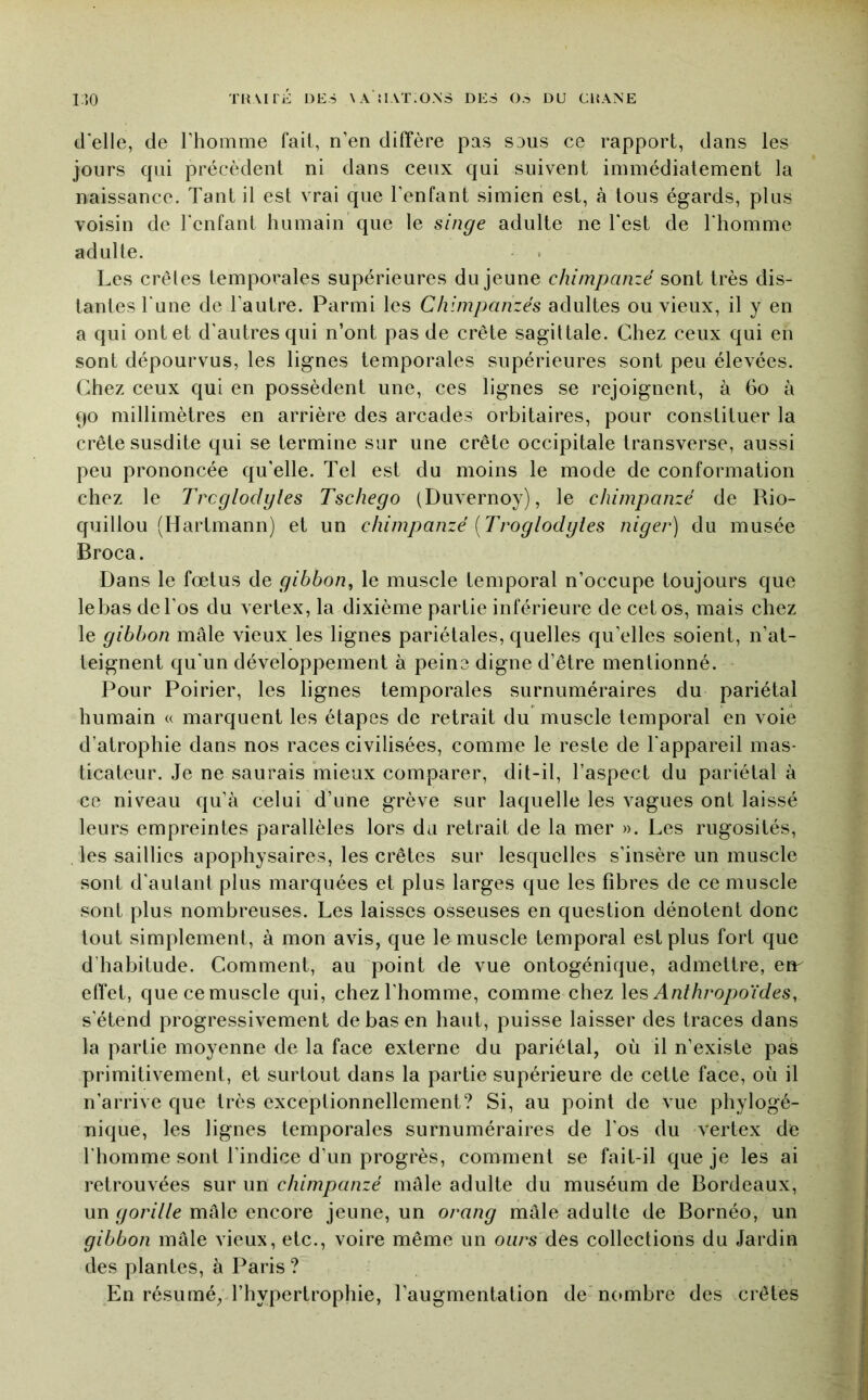 d'elle, de riiomme fait, n’en diffère pas sous ce rapport, dans les jours qui précèdent ni dans ceux qui suivent immédiatement la naissance. Tant il est vrai que l’enfant simien est, à tous égards, plus voisin de l'enfant humain que le singe adulte ne l'est de l'homme adulte. Les crêtes temporales supérieures du jeune chimpanzé sont très dis- tantes l'une de l’autre. Parmi les Chimpanzés adultes ou vieux, il y en a qui ont et d'autres qui n’ont pas de crête sagittale. Chez ceux qui en sont dépourvus, les lignes temporales supérieures sont peu élevées. Chez ceux qui en possèdent une, ces lignes se rejoignent, à 6o à 90 millimètres en arrière des arcades orbitaires, pour constituer la crête susdite qui se termine sur une crête occipitale transverse, aussi peu prononcée qu’elle. Tel est du moins le mode de conformation chez le Trcglodyles Tschego (Duvernoy), le chimpanzé de Rio- quillou (Hartmann) et un chimpanzé [Troglodytes niger) du musée Broca. Dans le fœtus de gibbon^ le muscle temporal n’occupe toujours que le bas de l’os du vertex, la dixième partie inférieure de cet os, mais chez le gibbon mâle vieux les lignes pariétales, quelles qu’elles soient, n’at- teignent qu'un développement à peine digne d’être mentionné. Pour Poirier, les lignes temporales surnuméraires du pariétal humain « marquent les étapes de retrait du muscle temporal en voie d’atrophie dans nos races civilisées, comme le reste de l'appareil mas- ticateur. Je ne saurais mieux comparer, dit-il, l’aspect du pariétal à ce niveau qu’à celui d’une grève sur laquelle les vagues ont laissé leurs empreintes parallèles lors du retrait de la mer ». Les rugosités, , les saillies apophysaires, les crêtes sur lesquelles s’insère un muscle sont d'aulant plus marquées et plus larges que les fibres de ce muscle sont plus nombreuses. Les laisses osseuses en question dénotent donc tout simplement, à mon avis, que le muscle temporal est plus fort que d’habitude. Comment, au point de vue ontogénique, admettre, en- effet, que ce muscle qui, chez l'homme, comme chez \qs Anthropo'ides, s’étend progressivement de bas en haut, puisse laisser des traces dans la partie moyenne de la face externe du pariétal, où il n’existe pas primitivement, et surtout dans la partie supérieure de cette face, où il n’arrive que très exceptionnellement? Si, au point de vue phylogé- nique, les lignes temporales surnuméraires de l'os du vertex de l’homme sont l’indice d’un progrès, comment se fait-il que je les ai retrouvées un chimpanzé mâle adulte du muséum de Bordeaux, un gorille mâle encore jeune, un orang mâle adulte de Bornéo, un gibbon mâle vieux, etc., voire même un ours des collections du Jardin des plantes, à Paris ? En résumé, l’hypertrophie, l’augmentation dé nombré des crêtes