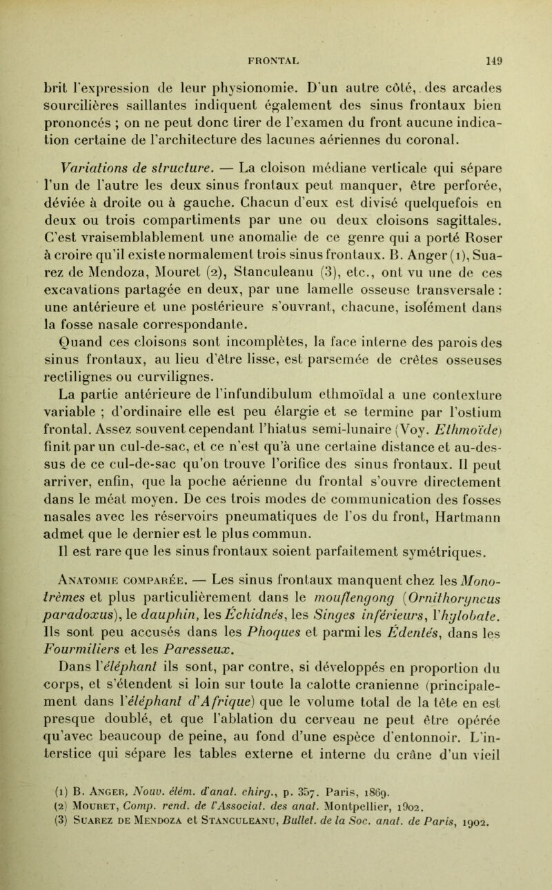 brit l'expression de leur physionomie. D’un autre côté,. des arcades sourcilières saillantes indiquent également des sinus frontaux bien prononcés ; on ne peut donc tirer de l’examen du front aucune indica- tion certaine de l’architecture des lacunes aériennes du coronal. Variations de structure. — La cloison médiane verticale qui sépare l’un de l’autre les deux sinus frontaux peut manquer, être perforée, déviée à droite ou à gauche. Chacun d’eux est divisé quelquefois en deux ou trois compartiments par une ou deux cloisons sagittales. C’est vraisemblablement une anomalie de ce genre qui a porté Roser à croire qu’il existe normalement trois sinus frontaux. B. Anger (i), Sua- rez de Mendoza, Mouret (2), Stanculeanu (3), etc., ont vu une de ces excavations partagée en deux, par une lamelle osseuse transversale : une antérieure et une postérieure s’ouvrant, chacune, isolément dans la fosse nasale correspondante. Quand ces cloisons sont incomplètes, la face interne des parois des sinus frontaux, au lieu d’être lisse, est parsemée de crêtes osseuses rectilignes ou curvilignes. La partie antérieure de l’infundibulum ethmoïdal a une contexture variable ; d’ordinaire elle est peu élargie et se termine par l’ostium frontal. Assez souvent cependant Thiatus semi-lunaire (Voy. Ethmoïde) finit par un cul-de-sac, et ce n’est qu’à une certaine distance et au-des- sus de ce cul-de-sac qu’on trouve l’orifice des sinus frontaux. 11 peut arriver, enfin, que la poche aérienne du frontal s’ouvre directement dans le méat moyen. De ces trois modes de communication des fosses nasales avec les réservoirs pneumatiques de l’os du front, Hartmann admet que le dernier est le plus commun. Il est rare que les sinus frontaux soient parfaitement symétriques. Anatomie comparée. — Les sinus frontaux manquent chez les Mono- trèmes et plus particulièrement dans le mouftengong [O mit ho rg nous paradoxus)., le dauphin, \qs Échidnés, les Singes inférieurs, Vhgtobate. Ils sont peu accusés dans les Phoques et parmi les Édentés, dans les Fourmitiers et les Paresseux. Dans Vétéphant ils sont, par contre, si développés en proportion du corps, et s’étendent si loin sur toute la calotte crânienne (principale- ment dans Vétéphant d'Afrique) que le volume total de la tête en est presque doublé, et que l’ablation du cerveau ne peut être opérée qu’avec beaucoup de peine, au fond d’une espèce d’entonnoir. L’in- terstice qui sépare les tables externe et interne du crâne d’un vieil (1) B. Anger, Nouv. éléni. d'anal, chirg., p. 357. Paris, 1869. (2) Mouret, Camp. rend, de l'Associai, des anal. Montpellier, i9o2. (3) Suarez de Mendoza et Stanculeanu, Bullel. de la Soc. anal, de Paris, 1902.