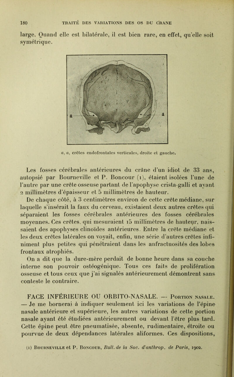 large. Quand elle est bilatérale, il est bien rare, en effet, qu’elle soit symétrique. a, a, crêtes endofrontales verticales, droite et gauche. Les fosses cérébrales antérieures du crâne d’un idiot de 33 ans, autopsié par Bourneville et P. Boncour (i), étaient isolées l’une de l’autre par une crête osseuse partant de l’apophyse crista-galli et ayant 2 millimètres d’épaisseur et 5 millimètres de hauteur. De chaque côté, à 3 centimètres environ de cette crête médiane, sur laquelle s’insérait la faux du cerveau, existaient deux autres crêtes qui séparaient les fosses cérébrales antérieures des fosses cérébrales moyennes. Ces crêtes, qui mesuraient i5 millimètres de hauteur, nais- saient des apophyses clinoïdes antérieures. Entre la crête médiane et les deux crêtes latérales on voyait, enfin, une série d’autres crêtes infi- niment plus petites qui pénétraient dans les anfractuosités des lobes frontaux atrophiés. On a dit que la dure-mère perdait de bonne heure dans sa couche interne son pouvoir ostéogénique. Tous ces faits de prolifération osseuse et tous ceux que j’ai signalés antérieurement démontrent sans conteste le contraire. FACE INFÉRIEUBE OU ORBITO-NASALE. — Portion nasale. — Je me bornerai à indiquer seulement ici les variations de l’épine nasale antérieure et supérieure, les autres variations de cette portion nasale ayant été étudiées antérieurement ou devant l’être plus tard. Cette épine peut être pneumatisée, absente, rudimentaire, étroite ou pourvue de deux dépendances latérales aliformes. Ces dispositions, (i) Bourneville et P. Boncour, Bull.de la Soc. d'anthrop. de Paris., 1902.