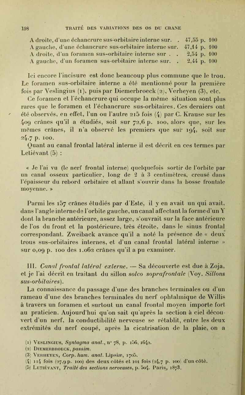 A droite, d’une échancrure sus-orbitaire interne sur. . 47,55 p. 100 AgaucJie, d’une échancrure sus-orbitaire interne sur. 47,14 p. 100 A droite, d’un foramen sus-orbitaire interne sur . . 2,54 p. 100 A gauche, d’un foramen sus-orbitaire interne sur. . 2,44 p. 100 Ici encore l’incisure est donc beaucoup plus commune que le trou. Le foramen sus-orbitaire interne a été mentionné pour la première fois par Veslingius (i), puis par Diemerbroeck (2j, Verheyen (3), etc. Ce foramen et l’échancrure qui occupe la même situation sont plus rares que le foramen et l’échancrure sus-orbitaires. Ces derniers ont été observés, en effet, l’un ou l’autre 2i5 fois (4) par C. Krause sur les 409 crânes qu’il a étudiés, soit sur 72,6 p. 100, alors que, sur les mêmes crânes, il n’a observé les premiers que siU’ 194, soit sur 24,7 p. 100. Quant au canal frontal latéral interne il est décrit en ces termes par Letiévant (5) : « Je l’ai vu (le nerf frontal interne) quelquefois sortir de l’orbite par un canal osseux particulier, long de 2 à 3 centimètres, creusé dans l’épaisseur du rebord orbitaire et allant s’ouvrir dans la bosse frontale moyenne. » Parmi les 157 crânes étudiés par d’Este, il y en avait un qui avait, dans l’angle interne de l’orbite gauche, un canal affectant la forme d’un Y dont la branche antérieure, assez large, s’ouvrait sur la face antérieure de l’os du front et la postérieure, très étroite, dans le sinus frontal correspondant. Zweiback avance qu'il a noté la présence de « deux trous sus-orbitaires internes, et d’un canal frontal latéral interne » sur 0,09 p. 100 des 1.062 crânes qu’il a pu examiner. III. Canal frontal latéral externe. — Sa découverte est due à Zoja, et je l’ai décrit en traitant du sillon solco soprafrontale (Voy. Sillons sus-orbitaires). La connaissance du passage d'une des branches terminales ou d’un rameau d’une des branches terminales du nerf ophtalmique de Willis à travers un foramen et surtout un canal frontal moyen importe fort au praticien. Aujourd’hui qu’on sait qu’après la section à ciel décou- vert d’un nerf, la conductibilité nerveuse se rétablit, entre les deux extrémités du nerf coupé, après la cicatrisation de la plaie, on a (1) Veslingius, Synlagma anal., n“ 78, p. i5G, 1G42. (2) Diemerbroeck, passim. (3; Verheyen, Corp. hum. anal. Lipsiæ, 1705. (4) 114 fois (27,9 p. 100) des deux côtés et 101 fois (24,7 p. 100) d’un côté. (5) Letiévant, Trailédes seclions nerveuses^ p. Paris, 1878,