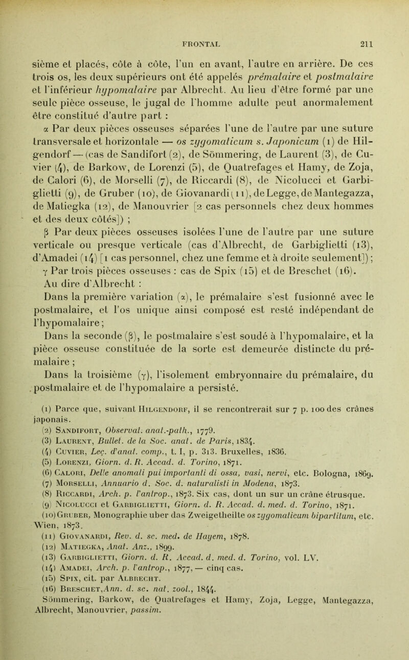 sième et placés, côte à côte, l’iin en avant, l’autre en arrière. De ces trois os, les deux supérieurs ont été appelés prémalaire et postmalaire et l’inférieur hypomalaire par Albrecht. Au lieu d’être formé par une seule pièce osseuse, le jugal de l'homme adulte peut anormalement être constitué d’autre part : a Par deux pièces osseuses séparées l’une de l’autre par une suture transversale et horizontale — os zygomaticiim s. Japoniciim (i) de Hil- gendorf — (cas de Sandifort (2), de Sômmering, de Laurent (3), de Cu- vier (4), de Barkow, de Lorenzi (5), de Quatrefages et Hamy, de Zoja, de Calori (6), de Morselli {7), de Riccardi (8), de Nicolucci et Garbi- glietti (9), de Gruber (10), de Giovanardi ^11), de Legge, de Mantegazza, de Matiegka (12), de Manouvrier [2 cas personnels chez deux hommes et des deux côtés]) ; P Par deux pièces osseuses isolées l’une de l’autre par une suture verticale ou presque verticale (cas d’Albrecht, de Garbiglietti (i3), d’Amadei (i4) [1 cas personnel, chez une femme et à droite seulement]) ; Y Par trois pièces osseuses : cas de Spix (i5) et de Breschet (16). Au dire d’Albrecht : Dans la première variation (a), le prémalaire s’est fusionné avec le postmalaire, et l’os unique ainsi composé est resté indépendant de l’hypomalaire ; Dans la seconde (p), le postmalaire s’est soudé à l’hypomalaire, et la pièce osseuse constituée de la sorte est demeurée distincte du pré- malaire ; Dans la troisième (y), l’isolement embryonnaire du prémalaire, du . postmalaire et de l’hypomalaire a persisté. (1) Parce que, suivant Hilgendorf, il se rencontrerait sur 7 p. 100 des crânes japonais. (2) Sandifort, Observai, anat.-paîh., 1779. (3) Laurent, Ballet, delà Soc. anal, de Paris., 1884. (4) Cuvier, Leç. d’anal, comp.., t. I, p. 3i3. Bruxelles, i836. (5) Lorenzi, Giorn. d. R. Accad. d. Torino., 1871. (6) Calori, Belle anomali pui importanti di ossa, vasi, nervi., etc. Bologna, 1869. (7) Morselli, Annuario d. Soc. d. naturalisti in Modena, 1873. (8) Biccardi, Arch. p. Vanlrop.., 1878. Six cas, dont un sur un crâne étrusque. ((jj Nicolucci et Garbiglietti, Giorn. d. B. Accad. d. med. d. Torino, 1871. (10) Gruber, Monographie uber das Zweigetheilte oszygomalicuni bipartituni, etc. Wien, 1873. (11) Giovanardi, Rev. d. sc. med. de Hayem^ 1878. (12) Matiegka, AnaL Anz., 1899. (13) Garbiglietti, Giorn. d. R. Accad. d. med. d. Torino, vol. LV. (141 Amadei, Aj'ch. p. Vanlrop.., 1877,— cinq cas. (i5) Spix, cit. par Albrecht. (iG) Breschet,Ann. d. sc. nat. zool., 1844- Sonimering, Barkow, de Quatrefages et Ilamy, Zoja, Legge, Mantegazza, Albrecht, Manouvrier, passini.