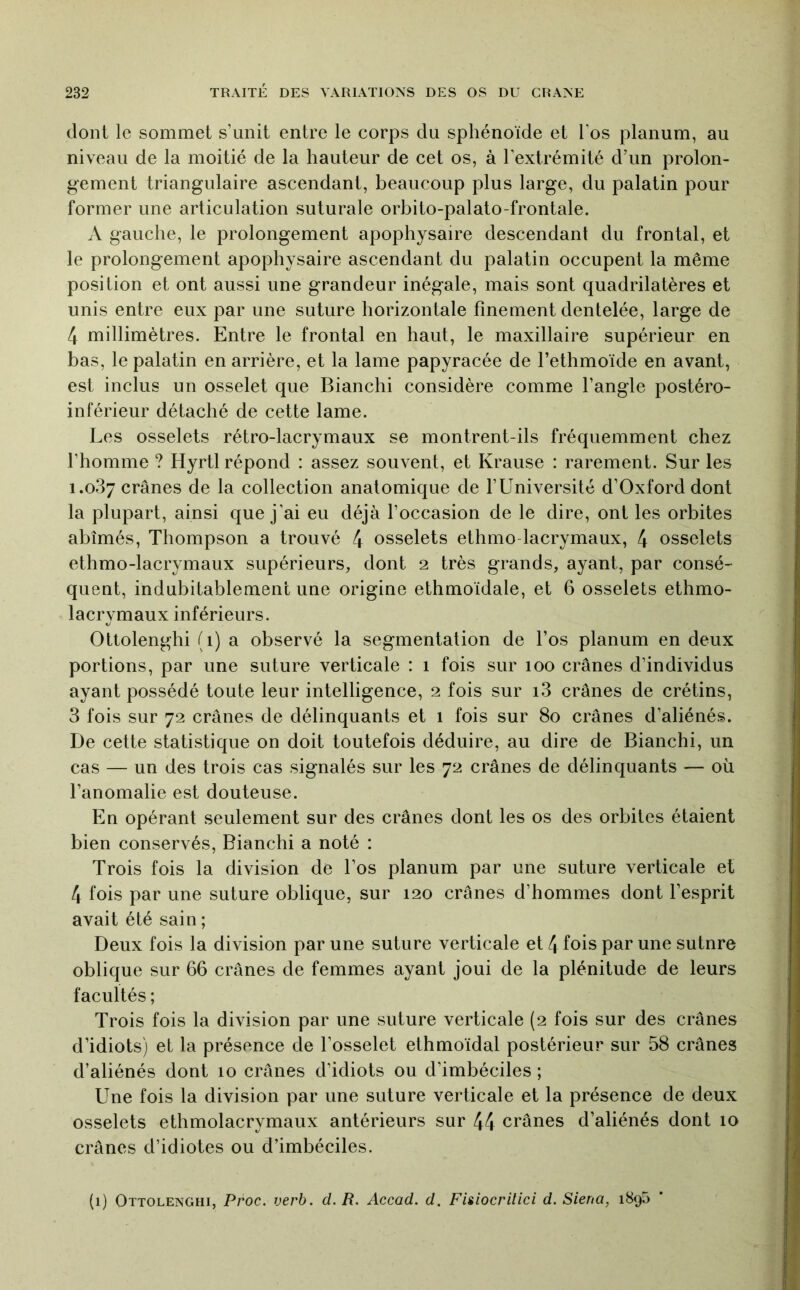 dont le sommet s’unit entre le corps du sphénoïde et l’os planum, au niveau de la moitié de la hauteur de cet os, à l’extrémité d’un prolon- gement triangulaire ascendant, beaucoup plus large, du palatin pour former une articulation suturale orbito-palato-frontale. A gauche, le prolongement apophysaire descendant du frontal, et le prolongement apophysaire ascendant du palatin occupent la même position et ont aussi une grandeur inégale, mais sont quadrilatères et unis entre eux par une suture horizontale finement dentelée, large de 4 millimètres. Entre le frontal en haut, le maxillaire supérieur en bas, le palatin en arrière, et la lame papyracée de l’ethmoïde en avant, est inclus un osselet que Blanchi considère comme l’angle postéro- inférieur détaché de cette lame. Les osselets rétro-lacrymaux se montrent-ils fréquemment chez l’homme ? Hyrtl répond : assez souvent, et Krause : rarement. Sur les 1.087 crânes de la collection anatomique de l’Université d’Oxforddont la plupart, ainsi que j’ai eu déjà l’occasion de le dire, ont les orbites abîmés, Thompson a trouvé 4 osselets ethmo-lacrymaux, 4 osselets ethmo-lacrymaux supérieurs, dont 2 très grands, ayant, par consé- quent, indubitablement une origine ethmoïdale, et 6 osselets ethmo- lacrymaux inférieurs. Ottolenghi (1) a observé la segmentation de fos planum en deux portions, par une suture verticale : 1 fois sur 100 crânes d’individus ayant possédé toute leur intelligence, 2 fois sur i3 crânes de crétins, 3 fois sur 72 crânes de délinquants et 1 fois sur 80 crânes d’aliénés. De cette statistique on doit toutefois déduire, au dire de Bianchi, un cas — un des trois cas signalés sur les 72 crânes de délinquants — où l’anomalie est douteuse. En opérant seulement sur des crânes dont les os des orbites étaient bien conservés, Bianchi a noté : Trois fois la division de l’os planum par une suture verticale et 4 fois par une suture oblique, sur 120 crânes d’hommes dont l’esprit avait été sain ; Deux fois la division par une suture verticale et 4 fois par une sutnre oblique sur 66 crânes de femmes ayant joui de la plénitude de leurs facultés ; Trois fois la division par une suture verticale (2 fois sur des crânes d’idiots) et la présence de l’osselet ethmoidal postérieur sur 58 crânes d’aliénés dont 10 crânes d’idiots ou d’imbéciles ; Une fois la division par une suture verticale et la présence de deux osselets ethmolacrymaux antérieurs sur 44 crânes d’aliénés dont 10 crânes d’idiotes ou d’imbéciles.