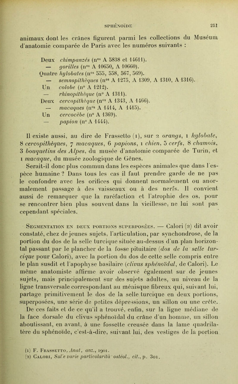 animaux dont les crânes figurent parmi les collections du Muséum d’anatomie comparée do Paris avec les numéros suivants : Deux chimpanzés (n°® A 5838 et 14611). — gorilles (n°* A 10650,, A 10660). Quatre hijlobales (n°® 555, 558, 567, 569). — semnopilhèqaes (n°® A 1275, A 1309, A 1310, A 1316). Un colobe (n° A 1212). — rhinopilhèqiie (n° A 1311). Deux cercopithèque (n°® A 1343, A 1466). — macaques (n°s A 1414, A 1415). Un cercocèbe (n° A 1369). — papion (n° A 1444). Il existe aussi, au dire de Frassetto (i), sur 2 orangs, i hylobale^ 8 cercopithèques, 7 macaques, 6 papions, 1 chien, 5 cerfs, 8 chamois, 3 bouquetins des Atpes, du musée d’anatomie comparée de Turin, et 1 macaque, du musée zoologique de Gênes. Serait-il donc plus commun dans les espèces animales que dans 1 es- pèce humaine ? Dans tous les cas il faut prendre garde de ne pas le confondre avec les orifices qui donnent normalement ou anor- malement passage à des vaisseaux ou à des nerfs. Il convient aussi de remarquer que la raréfaction et l’atrophie des os, pour se rencontrer bien plus souvent dans la vieillesse, ne lui sont pas cependant spéciales. Segmentation en deux portions superposées. — Calori (2) dit avoir constaté, chez de jeunes sujets, l’articulation, par synchondrose, de la portion du dos de la selle turcique située au-dessus d’un-plan horizon- tal passant par le plancher de la fosse pituitaire [dos de ta setle tur- cique pour Calori), avec la portion du dos de cette selle compris entre le plan susdit et l’apophyse basilaire [ctiviis sphénoïdal, de Calori). Le même anatomiste afBrme avoir observé également sur de jeunes sujets, mais principalement sur des sujets adultes, ‘au niveau de la ligne transversale correspondant au ménisque fibreux qui, suivant lui, partage primitivement le dos de la selle turcique en deux portions, superposées, une série de petites dépressions, un sillon ou une crête. De ces faits et de ce qu’il a trouvé, enfin, sur la ligne médiane de la face dorsale du clivus sphénoïdal du crâne d’un homme, un sillon aboutissant, en avant, à une fossette creusée dans la lame quadrila- tère du sphénoïde, c’est-à-dire, suivant lui, des vestiges de la portion (1) F. Frassetto, Ana/. anz., 1901. (2) Calori, Sul'e varie particolaritàosîéoL, cil.,]). 3oi.