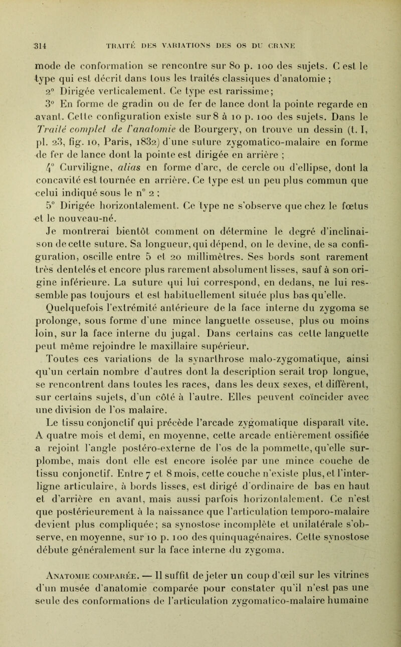 mode de conformation se rencontre sur 8o p. loo des sujets. C est le type qui est décrit dans tous les traités classiques d’anatomie ; 2° Dirigée verticalement. Ce type est rarissime; 3® En forme de gradin ou de fer de lance dont la pointe regarde en avant. Cette configuration existe sur 8 à lo p. loo des sujets. Dans le Traité complet de l'anatomie de Bourgery, on trouve un dessin (t. I, pl. 23, fig. 10, Paris, i832) d'une suture zygomatico-malaire en forme de fer de lance dont la pointe est dirigée en arrière ; 4° Curviligne, alias en forme d’arc, de cercle ou d’ellipse, dont la concavité est tournée en arrière. Ce type est un peu plus commun que celui indiqué sous le n° 2 ; 5° Dirigée horizontalement. Ce type ne s’observe que chez le fœtus et le nouveau-né. Je montrerai bientôt comment on détermine le degré d’inclinai- son decette suture. Sa longueur,qui dépend, on le devine, de sa confi- guration, oscille entre 5 et 20 millimètres. Ses bords sont rarement très dentelés et encore plus rarement absolument lisses, sauf à son ori- gine inférieure. La suture qui lui correspond, en dedans, ne lui res- semble pas toujours et est habituellement située plus bas qu’elle. Quelquefois l’extrémité antérieure de la face interne du zygoma se prolonge, sous forme d’une mince languette osseuse, plus ou moins loin, sur la face interne du jugal. Dans certains cas cette languette peut même rejoindre le maxillaire supérieur. Toutes ces variations de la synarthrose malo-zygomatique, ainsi qu’un certain nombre d’autres dont la description serait trop longue, se rencontrent dans toutes les races, dans les deux sexes, et diffèrent, sur certains sujets, d’un côté à l’autre. Elles peuvent coïncider avec une division de l’os malaire. Le tissu conjonctif qui précède l’arcade zygomatique disparaît vite. A quatre mois et demi, en moyenne, cette arcade entièrement ossifiée U rejoint l'angle postéro-externe de l’os de la pommette, qu’elle sur- plombe, mais dont elle est encore isolée par une mince couche de tissu conjonctif. Entre 7 et 8 mois, cette couche n’existe plus, et l’inter- ligne articulaire, à bords lisses, est dirigé d'ordinaire de bas en haut et d’arrière en avant, mais aussi parfois horizontalement. Ce n’est que postérieurement à la naissance que l’articulation temporo-malaire devient plus compliquée; sa synostose incomplète et unilatérale s’ob- serve, en moyenne, sur 10 p. 100 des quinquagénaires. Cette synostose débute généralement sur la face interne du zygoma. Anatomie comparée. — 11 suffit de jeter un coup d’œil sur les vitrines d'un musée d’anatomie comparée pour constater qu’il n’est pas une seule des conformations de l’articulation zygomalico-rnalaire humaine