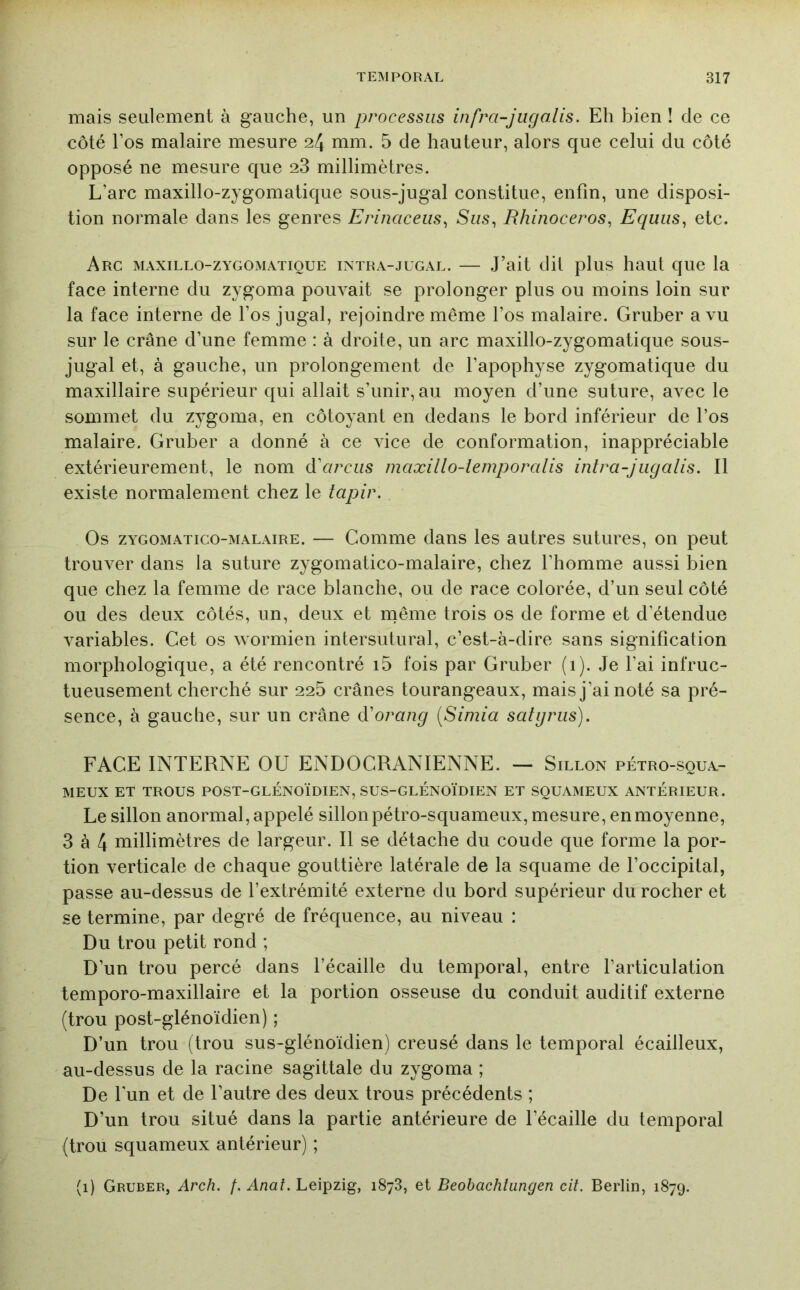 mais seulement à gauche, un jyrocessas infra-jugalis. Eh bien ! de ce côté l’os malaire mesure 24 mm. 5 de hauteur, alors que celui du côté opposé ne mesure que 28 millimètres. L’arc maxillo-zygomatique sous-jugal constitue, enfin, une disposi- tion normale dans les genres Erinaceus^ Sus, Rhinocéros, Equus, etc. Arc maxillo-zygomatique intra-jugal. — .Fait dit plus haut que la face interne du zygoma pouvait se prolonger plus ou moins loin sur la face interne de l’os jugal, rejoindre même l’os malaire. Gruber a vu sur le crâne d’une femme : à droite, un arc maxillo-zygomatique sous- jugal et, à gauche, un prolongement de l’apophyse zygomatique du maxillaire supérieur qui allait s’unir, au moyen d’une suture, avec le sommet du zygoma, en côtoyant en dedans le bord inférieur de l’os malaire. Gruber a donné à ce vice de conformation, inappréciable extérieurement, le nom d’accus inaxillo-ieniporalis intra-jiigalis. Il existe normalement chez le tapir. Os zYGOMATico-MALAiRE. — Comiiie daiis les autres sutures, on peut trouver dans la suture zygomatico-malaire, chez l’homme aussi bien que chez la femme de race blanche, ou de race colorée, d’un seul côté ou des deux côtés, un, deux et rnême trois os de forme et d’étendue variables. Cet os wormien intersutural, c’est-à-dire sans signification morphologique, a été rencontré i5 fois par Gruber (1). Je l’ai infruc- tueusement cherché sur 22b crânes tourangeaux, mais j’ai noté sa pré- sence, à gauche, sur un crâne à'orang [Simia satgrus). FACE INTERNE OU ENDOCRANIENNE. — Sillon pétro-squa.- MEUX ET TROUS POST-GLÉNOÏDIEN, SUS-GLÉNOÏDIEN ET SQUAMEUX ANTERIEUR. Le sillon anormal, appelé sillon pétro-squameux, mesure, en moyenne, 3 à 4 millimètres de largeur. Il se détache du coude que forme la por- tion verticale de chaque gouttière latérale de la squame de l’occipital, passe au-dessus de l’extrémité externe du bord supérieur du rocher et se termine, par degré de fréquence, au niveau : Du trou petit rond ; D’un trou percé dans l’écaille du temporal, entre l’articulation temporo-maxillaire et la portion osseuse du conduit auditif externe (trou post-glénoïdien) ; D’un trou (trou sus-glénoïdien) creusé dans le temporal écailleux, au-dessus de la racine sagittale du zygoma ; De l'un et de l’autre des deux trous précédents ; D’un trou situé dans la partie antérieure de l’écaille du temporal (trou squameux antérieur) ; (1) Gruber, Arch. /. Anat. Leipzig, 1878, et Beobachîungen cit. Berlin, 1879.