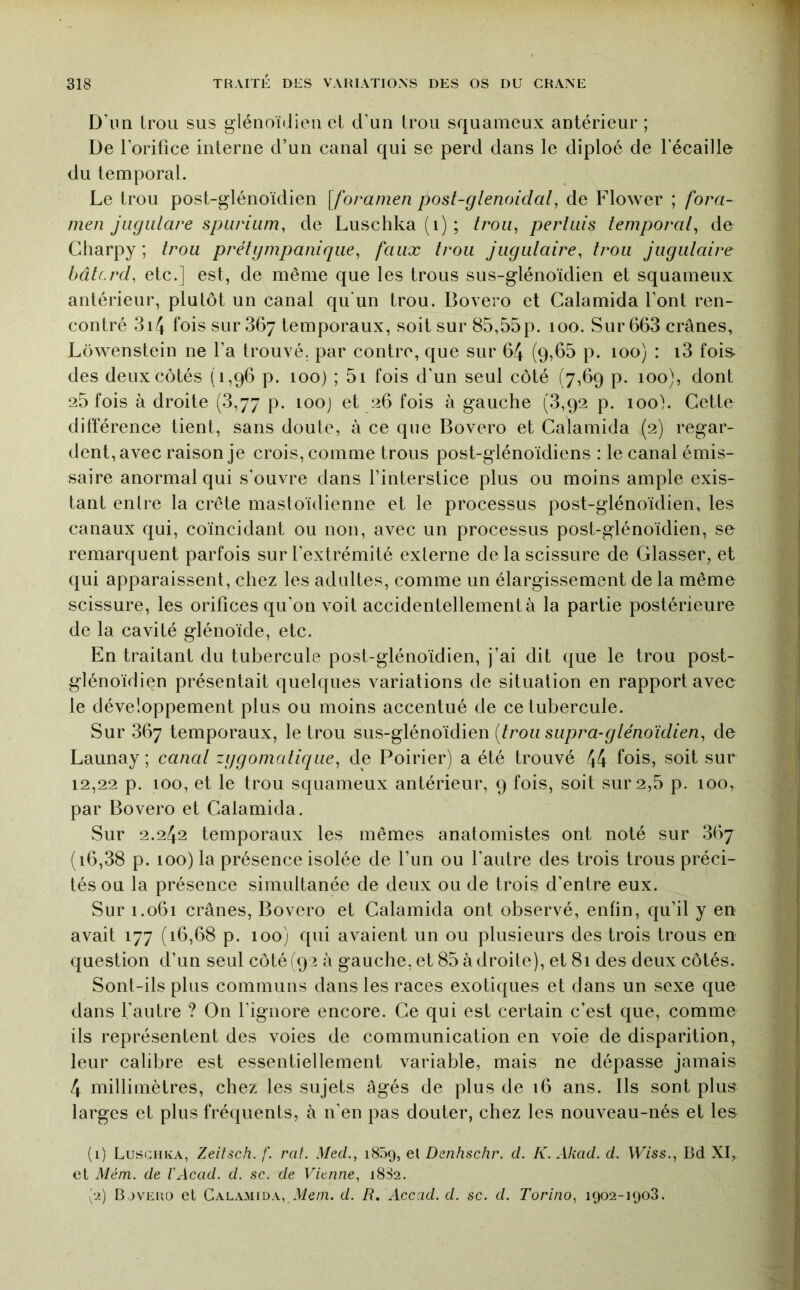 D’un trou sus glénoidien et d’un trou squameux antérieur ; De l’orifice interne d’un canal qui se perd dans le diploé de l’écaille du temporal. Le trou post-glénoïdien [foramen post-glenoidal, de Flower ; fora- men jugalare sparium, de Luschka (i) ; troa^ perlais temporal^ de Charpy ; trou prétympanique^ faux trou jugulaire, Iroii jugulaire bâlf.rd, etc.] est, de même que les trous sus-glénoïdien et squameux antérieur, plutôt un canal qu'un trou. Bovero et Calamida l’ont ren- contré 3i4 fois sur 367 temporaux, soit sur 85,55p. 100. Sur 663 crânes, Lôwenstein ne l’a trouvé, par contre, que sur 64 (9,65 p. 100) : i3 fois- des deux côtés (1,96 p. 100) ; 5i fois d’un seul côté (7,69 p. 100), dont 25 fois à droite (3,77 p. looj et 26 fois à gauche (3,92 p. looh Cette différence tient, sans doute, à ce que Bovero et Calamida (2) regar- dent, avec raison je crois, comme trous post-glénoïdiens : le canal émis- saire anormal qui s’ouvre dans l’interstice plus ou moins ample exis- tant enlre la crête mastoïdienne et le processus post-glénoïdien, les canaux qui, coïncidant ou non, avec un processus post-glénoïdien, se remarquent parfois sur l’extrémité externe de la scissure de Classer, et qui apparaissent, chez les adultes, comme un élargissement de la même scissure, les orifices qu’on voit accidentellement à la partie postérieure de la cavité glénoïde, etc. En traitant du tubercule post-glénoïdien, j’ai dit que le trou post- glénoïdien présentait quelques variations de situation en rapport avec le développement plus ou moins accentué de ce tubercule. Sur 367 temporaux, le trou sus-g\énoidien (Irou supra-glénoïdien, de Launay; canal zygomalique, de Poirier) a été trouvé 44 fois, soit sur 12,22 p. 100, et le trou squameux antérieur, 9 fois, soit sur 2,5 p. 100, par Bovero et Calamida. Sur 2.242 temporaux les mêmes anatomistes ont noté sur 367 (16,38 p. 100) la présence isolée de l’un ou l’autre des trois trous préci- tés ou la présence simultanée de deux ou de trois d’entre eux. Sur 1.061 crânes, Bovero et Calamida ont observé, enfin, qu’il y en avait 177 (16,68 p. 100) qui avaient un ou plusieurs des trois trous en question d’un seul côté (92 à gauche, et 85 à droite), et 81 des deux côtés. Sont-ils plus communs dans les races exotiques et dans un sexe que dans l’autre ? On l’ignore encore. Ce qui est certain c’est que, comme ils représentent des voies de communication en voie de disparition, leur calibre est essentiellement variable, mais ne dépasse jamais 4 millimètres, chez les sujets âgés de plus de 16 ans. Ils sont plus larges et plus fréquents, à n’en pas douter, chez les nouveau-nés et les (1) Luschka, Zeitsch. f. ral. Med., 1859, el Denhschr. d. K. Akad. d. Wiss., Bd XI, et Mém. de IAcad. d. se. de Vienne, 18S2. A) Bjveuu et Calamida, âiem. d. R. Accad. d. sc. d. Torino, 1902-1903.