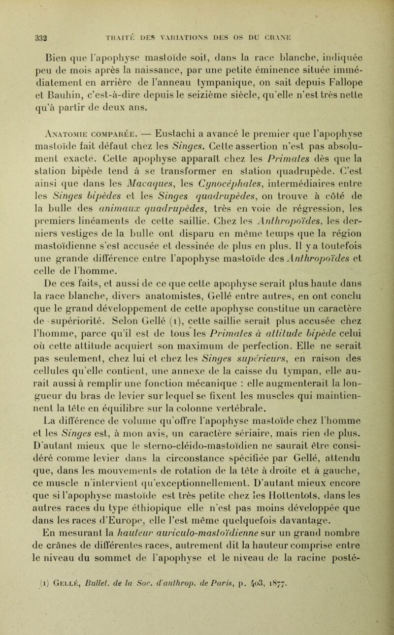 Bien que l’apophyse mastoïde soit, dans la race blanche, indiquée peu de mois après la naissance, par une petite éminence située immé- diatement en arrière de l’anneau tympanique, on sait depuis Fallope et Bauhin, c’est-à-dire depuis le seizième siècle, qu'elle n’est très nette qu’à partir de deux ans. Anatomie comparée. — Eustachi a avancé le premier que l'apophyse mastoïde fait défaut chez les Singes. Cette assertion n’est pas absolu- ment exacte. Cette apophyse apparaît chez les Primates dès que la station bipède tend à se transformer en station quadrupède. C’est ainsi que dans les Macaques, les Cynocéphales, intermédiaires entre les Singes bipèdes et les Singes quadrupèdes, on trouve à côté de la bulle des animaux quadrupèdes, très en voie de régression, les premiers linéaments de cette saillie. Chez les Anthropoïdes, les der- niers vestiges de la bulle ont disparu en même temps que la région mastoïdienne s’est accusée et dessinée de plus en plus. Il y a toutefois une grande différence entre l’apophyse mastoïde Anthropoïdes et celle de l’homme. De ces faits, et aussi de ce que cette apophyse serait plus haute dans la race blanche, divers anatomistes, Gellé entre autres, en ont conclu que le grand développement de cette apophyse constitue un caractère de 'Supériorité. Selon Gellé (i), cette saillie serait plus accusée chez l’homme, parce qu’il est de tous les Primates à attitude bipède celui où cette attitude acquiert son maximum de perfection. Elle ne serait pas seulement, chez lui et chez les Singes supérieurs, en raison des cellules qu’elle contient, une annexe de la caisse du tympan, elle au- rait aussi à remplir une fonction mécanique : elle augmenterait la lon- gueur du bras de levier sur lequel se fixent les muscles qui maintien- nent la tête en équilibre sur la colonne vertébrale. La différence de volume qu’offre l'apophyse mastoïde chez l’homme et les Singes est, à mon avis, un caractère sériaire, mais rien de plus. D’autant mieux que le sterno-cléido-mastoïdien ne saurait être consi- déré comme levier dans la circonstance spécifiée par Gellé, attendu que, dans les mouvements de rotation de la tête à droite et à gauche, ce muscle n'intervient qu’exceptionnellement. D’autant mieux encore que si l’apophyse mastoïde est très petite chez les Hottentots, dans les autres races du type éthiopique elle n’est pas moins développée que dans les races d’Europe, elle l’est même quelquefois davantage. En mesurant la hauteur auriculo-mastoïdienne sur un grand nombre de crânes de différentes races, autrement dit la hauteur comprise entre le niveau du sommet de l’apophyse et le niveau de la racine posté- (i) Gellé, Biillel. de la Sor. d'anthrop. de Paris, p. 4^3, 1877.