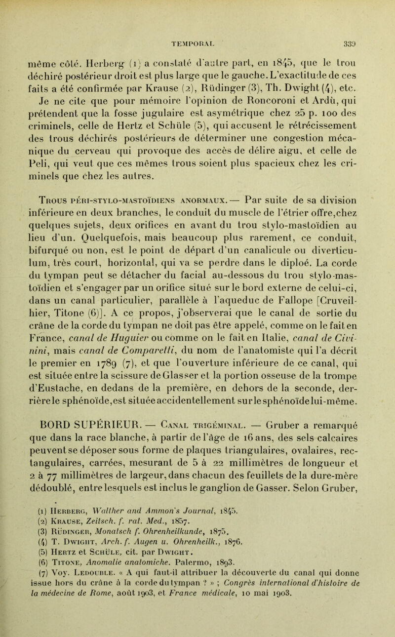 même côté. Herberg (i) a constaté d'autre part, en i845, que le trou déchiré postérieur droit est plus large que le gauche. L’exactitude de ces faits a été confirmée par Krause (2), Rüdinger (3), Th. Dwight(4), etc. Je ne cite que pour mémoire l’opinion de Roncoroni et Ardu, qui prétendent que la fosse jugulaire est asymétrique chez 25 p. 100 des criminels, celle de Hertz et Schüle (5), qui accusent le rétrécissement des trous déchirés postérieurs de déterminer une congestion méca- nique du cerveau qui provoque des accès de délire aigu, et celle de Peli, qui veut que ces mêmes trous soient plus spacieux chez les cri- minels que chez les autres. Trous péri-stylo-mastoïdiens anormaux.— Par suite de sa division inférieure en deux branches, le conduit du muscle de l’étrier offre,chez quelques sujets, deux orifices en avant du trou stylo-mastoïdien au lieu d’un. Quelquefois, mais beaucoup plus rarement, ce conduit, bifurqué ou non, est le point de départ d’un canalicule ou diverticu- lum, très court, horizontal, qui va se perdre dans le diploé. La corde du tympan peut se détacher du facial au-dessous du trou stylo-mas- toïdien et s’engager par un orifice situé sur le bord externe de celui-ci, dans un canal particulier, parallèle à l’aqueduc de Fallope [Cruveil- hier, Titone (6)]. A ce propos, j’observerai que le canal de sortie du crâne de la corde du tympan ne doit pas être appelé, comme on le fait en France, canal de Huguier ou commQ on le fait en Ralie, canal de Civi- nini, mais canal de Comparetti, du nom de l’anatomiste qui l’a décrit le premier en 1789 (7), et que l’ouverture inférieure de ce canal, qui est située entre la scissure de Glasser et la portion osseuse de la trompe d’Eustache, en dedans de la première, en dehors de la seconde, der- rière le sphénoïde,est située accidentellement surlesphénoïdelui-même. BORD SUPÉRIEUR. — Canal trigéminal. — Gruber a remarqué que dans la race blanche, à partir de l’âge de 16 ans, des sels calcaires peuvent se déposer sous forme de plaques triangulaires, ovalaires, rec- tangulaires, carrées, mesurant de 5 à 22 millimètres de longueur et 2 à 77 millimètres de largeur, dans chacun des feuillets de la dure-mère dédoublé, entre lesquels est inclus le ganglion de Casser. Selon Gruber, (1) IIerberg, Walther and Animons Journal^ i845. (2) Krause, Zeitsch. f. rat. Med., 1867. (3) Rüdinger, Monatsch f. Ohrenheilkiinde, 1875. (4) T. Dwigiit, Arch. f. Augen u. Ohrenheilk., 1876. (5) Hertz et Schüle, cit. par Dwight. (6) Titone, Anomalie anatomiche. Palermo, 1898. (7) Voy. Ledouble. « A qui faut-il attribuer la découverte du canal qui donne issue hors du crâne à la corde du tympan ? » ; Congrès international d'histoire de la médecine de Rome, août 1908, et France médicale, 10 mai 1908.