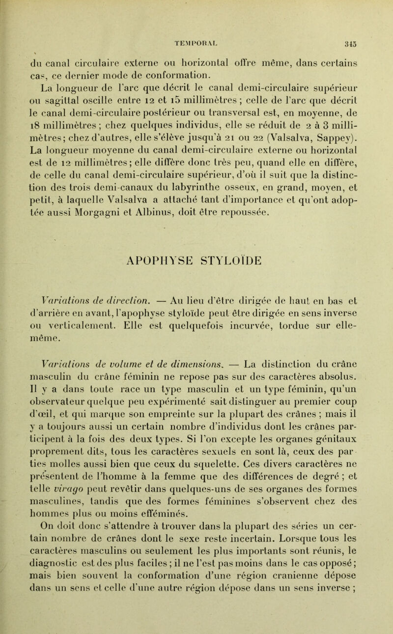 du canal circulaire externe ou horizontal offre même, dans certains cas, ce dernier mode de conformation. La longueur de l’arc que décrit le canal demi-circulaire supérieur ou sagittal oscille entre 12 et i5 millimètres ; celle de l’arc que décrit le canal demi-circulaire postérieur ou transversal est, en moyenne, de 18 millimètres ; chez quelques individus, elle se réduit de 2 à 3 milli- mètres; chez d’autres, elle s’élève jusqu’à 21 ou 22 (Valsalva, Sappey). La longueur moyenne du canal demi-circulaire externe ou horizontal est de 12 millimètres; elle diffère donc très peu, quand elle en diffère, de celle du canal demi-circulaire supérieur, d’où il suit que la distinc- tion des trois demi-canaux du labyrinthe osseux, en grand, moyen, et petit, à laquelle Valsalva a attaché tant d’importance et qu’ont adop- tée aussi Morgagni et Albinus, doit être repoussée. APOPHYSE STYLOÏDE Variations de direction. — Au lieu d’être dirigée de haut en bas et d’arrière en avant, l’apophyse styloïde peut être dirigée en sens inverse ou verticalement. Elle est quelquefois incurvée, tordue sur elle- même. Variations de volume et de dimensions. — La distinction du crâne masculin du crâne féminin ne repose pas sur des caractères absolus. Il y a dans toute race un type masculin et un type féminin, qu’un observateur quelque peu expérimenté sait distinguer au premier coup d’œil, et qui marque son empreinte sur la plupart des crânes ; mais il y a toujours aussi un certain nombre d’individus dont les crânes par- ticipent à la fois des deux types. Si l’on excepte les organes génitaux proprement dits, tous les caractères sexuels en sont là, ceux des par lies molles aussi bien que ceux du squelette. Ces divers caractères ne présentent de l’homme à la femme que des différences de degré ; et telle virago peut revêtir dans quelques-uns de ses organes des formes masculines, tandis que des formes féminines s’observent chez des hommes plus ou moins efféminés. On doit donc s’attendre à trouver dans la plupart des séries un cer- tain nombre de crânes dont le sexe reste incertain. Lorsque tous les caractères masculins ou seulement les plus importants sont réunis, le diagnostic est des plus faciles ; il ne l’est pas moins dans le cas opposé ; mais bien souvent la conformation d’une région crânienne dépose dans un sens et celle d’une autre région dépose dans un sens inverse ;