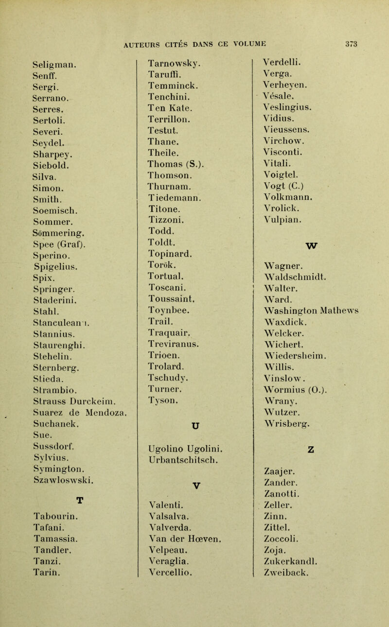 Verdelli. Verga. Verheyen. Vésale. Veslingius. Vidius. Vieussens. Virchow. Visconti. Vitali. Voigtel. Vogt (C.) Volkmann. Vrolick. Vulpian. Seligman. Senff. Sergi. Serrano. Serres. Sertoli. Severi. Seydel. Sharpey. Siebold. Silva. Simon. Smith. Soemisch. Sommer. Sômmering. Spee (Graf). Sperino. Spigelius. Spix. Springer. Staderini. Stahl. Stanculean 1. Stannius. Staurenghi. Stehelin. Sternberg. Stieda. Strambio. Strauss Durckeim. Suarez de Mendoza. Suchanek. Sue. Sussdorf. Sylvius. Symington. Szawloswski. T Tabourin. Tafani. Tamassia. Tandler. Tanzi. Tarih. Tarnowsky. Tarutïî. Temminck. Tenchini. T en Kate. Terrillon. Testut. Thane. Theile. Thomas (S.). Thomson. Thurnam. Tiedemann. Titone. Tizzoni. Todd. Toldt. Topinard. Torôk. Tortual. Toscani. Toussaint. Toynbee. Trail. Traquair. Treviranus. Trioen. Trolard. Tschudy. Turner. Tyson. U Ugolino Ugolini. Urbantschitsch. V Valenti. Valsalva. Valverda. Van der Hœven. Velpeau. Veraglia. Vercellio. W Wagner. Waldschmidt. I Walter. Ward. Washington Mathews Waxdick. Welcker. Wichert. Wiedersheim. Willis. Vinslow. Wormius (O.). Wrany. Wutzer. Wrisberg. Z Zaajer. Zander. Zanotti. , Zeller. Zinn. Zittel. Zoccoli. Zoja. Zukerkandl. Zweiback.