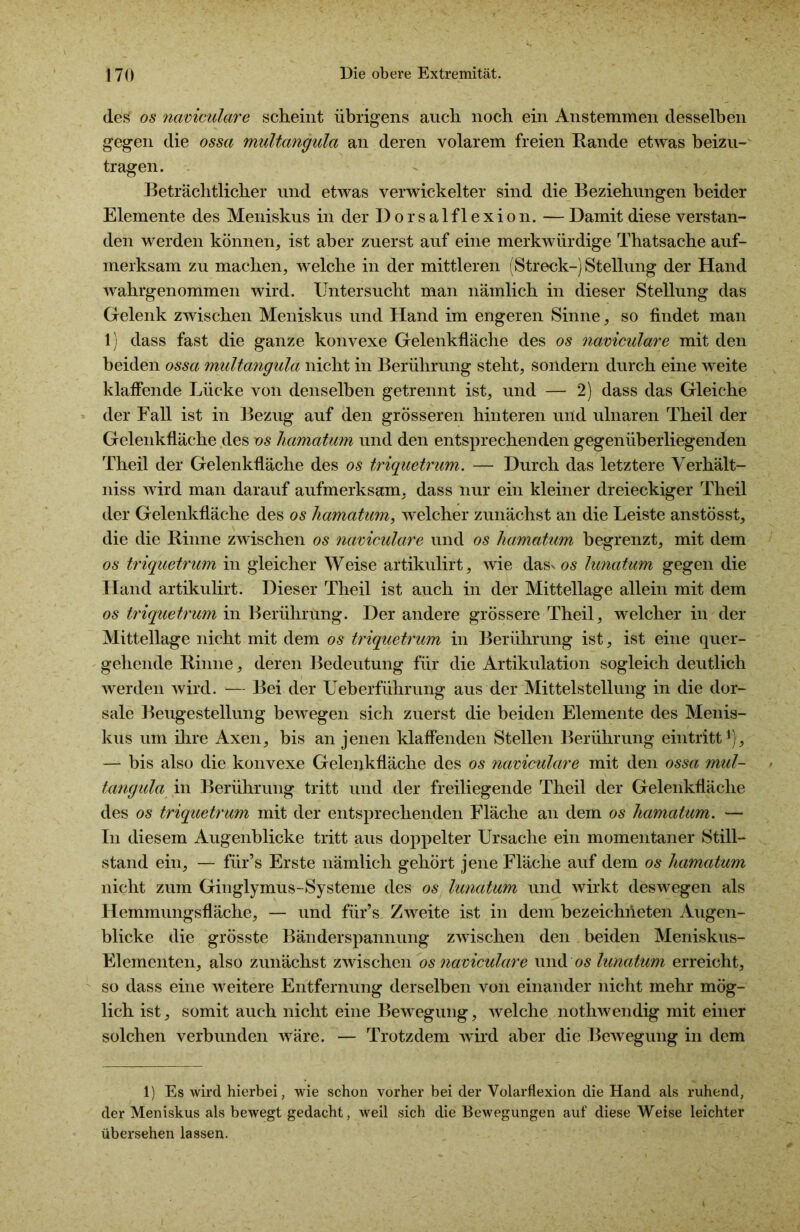 (leg os naviculare scheint übrigens auch noch ein Anstemmen desselben gegen die ossa multangula an deren volarem freien Rande etwas beizu- tragen. Beträchtlicher und etwas verwickelter sind die Beziehungen beider Elemente des Meniskus in der Dorsal fl exion. — Damit diese verstan- den werden können, ist aber zuerst auf eine merkwürdige Thatsache auf- merksam zu machen, welche in der mittleren (Streck-) Stellung der Hand wahrgenommen wird. Untersucht man nämlich in dieser Stellung das Gelenk zwischen Meniskus und Hand im engeren Sinne, so findet man 1) dass fast die ganze konvexe Gelenkfläche des os naviculare mit den beiden ossa multangula nicht in Berührung steht, sondern durch eine weite klaffende Lücke von denselben getrennt ist, und — 2) dass das Gleiche der Fall ist in Bezug auf den grösseren hinteren und ulnaren Theil der Gelenkfläche des vs hamatum und den entsprechenden gegenüberliegenden Theil der Gelenkfläche des os triquetrum. — Durch das letztere Yerhält- niss wird man darauf aufmerksam, dass nur ein kleiner dreieckiger Theil der Gelenkfläche des os liamatum, welcher zunächst an die Leiste anstösst, die die Rinne zwischen os naviculare und os hamatum begrenzt, mit dem os triquetrum in gleicher Weise artikulirt, wie dasx os lunatum gegen die Hand artikulirt. Dieser Theil ist auch in der Mittellage allein mit dem os triquetrum in Berührung. Der andere grössere Theil, welcher in der Mittellage nicht mit dem os triquetrum in Berührung ist, ist eine quer- gehende Rinne, deren Bedeutung für die Artikulation sogleich deutlich werden wird. — Bei der Ueberführung aus der Mittelstellung in die dor- sale Beugestellung bewegen sich zuerst die beiden Elemente des Menis- kus um ihre Axen, bis an jenen klaffenden Stellen Berührung ein tritt*)*, — bis also die konvexe Gelenkfläche des os naviculare mit den ossa mul- tangula in Berührung tritt und der freiliegende Theil der Gelenkfläche des os triquetrum mit der entsprechenden Fläche an dem os hamatum. — In diesem Augenblicke tritt aus doppelter Ursache ein momentaner Still- stand ein, — für’s Erste nämlich gehört jene Fläche auf dem os hamatum nicht zum Ginglymus-Systeme des os lunatum und wirkt deswegen als Hemmungsfläche, — und für’s Zweite ist in dem bezeichiieten Augen- blicke die grösste Bänderspannung zwischen den beiden Meniskus- Elementen, also zunächst zwischen os naviculare und os lunatum erreicht, so dass eine weitere Entfernung derselben von einander nicht mehr mög- lich ist, somit auch nicht eine Bewegung, welche nothwendig mit einer solchen verbunden wäre. — Trotzdem wird aber die Bewegung in dem 1) Es wird hierbei, wie schon vorher bei der Volarfiexion die Hand als ruhend, der Meniskus als bewegt gedacht, weil sich die Bewegungen auf diese Weise leichter übersehen lassen.