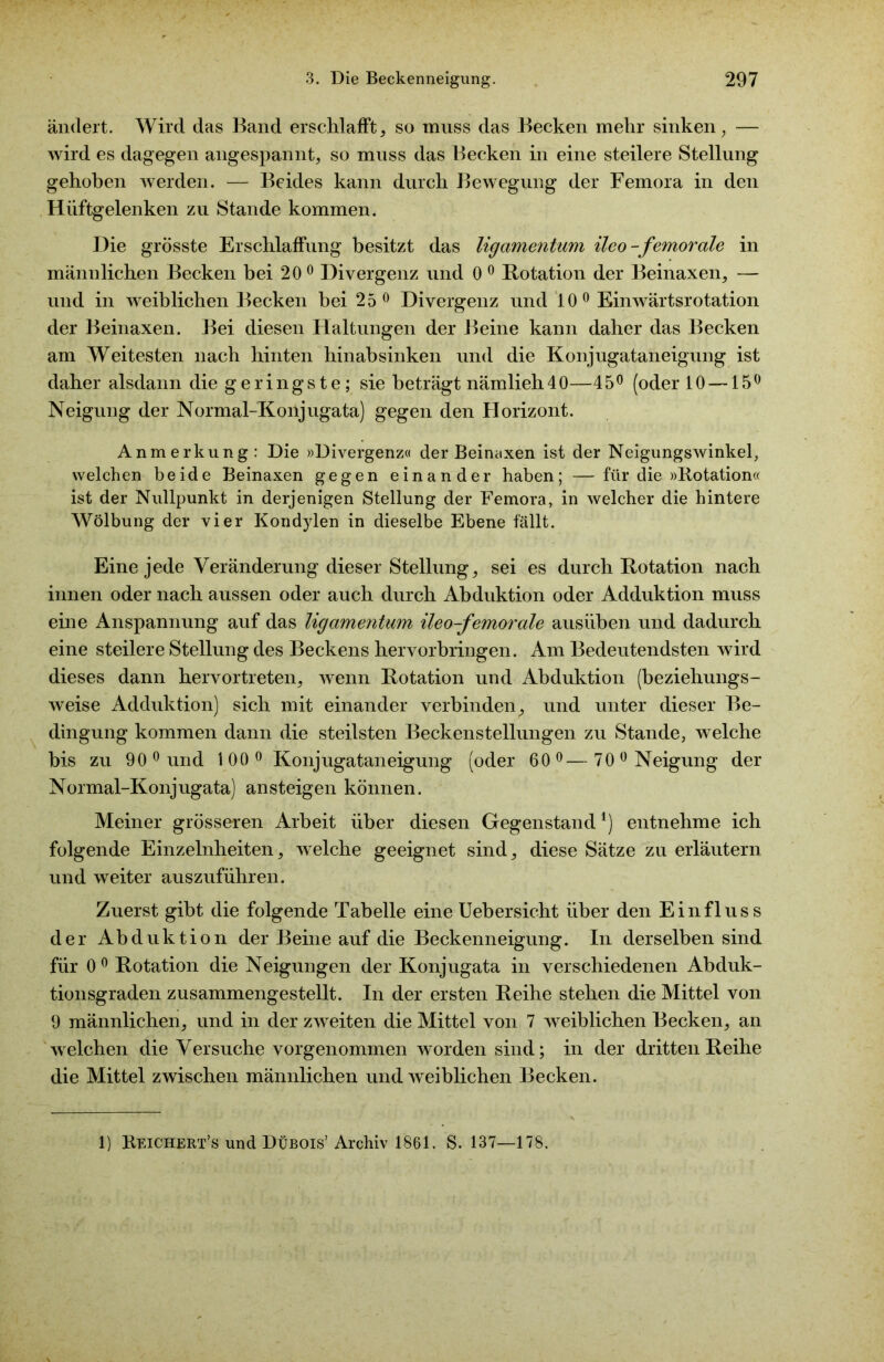 ändert. Wird das Band erschlafft, so muss das Becken mehr sinken, — wird es dagegen angespannt, so muss das Becken in eine steilere Stellung gehoben werden. — Beides kann durch Bewegung der Femora in den Hüftgelenken zu Stande kommen. Die grösste Erschlaffung besitzt das ligamentam ileo-femorale in männlichen Becken bei 200 Divergenz und 0 0 Rotation der Beinaxen, — und in weiblichen Becken bei 25° Divergenz und 10° Einwärtsrotation der Beinaxen. Bei diesen Haltungen der Beine kann daher das Becken am Weitesten nach hinten hinabsinken und die Konjugataneigung ist daher alsdann die geringste; sie beträgt nämlieh40—45° (oder 10 — 15° Neigung der Normal-Konjugata) gegen den Horizont. Anmerkung: Die »Divergenz« der Beinaxen ist der Neigungswinkel, welchen beide Beinaxen gegen einander haben; — für die »Rotation« ist der Nullpunkt in derjenigen Stellung der Femora, in welcher die hintere Wölbung der vier Kondylen in dieselbe Ebene fällt. Eine jede Veränderung dieser Stellung, sei es durch Rotation nach innen oder nach aussen oder auch durch Abduktion oder Adduktion muss eine Anspannung auf das ligamentam, ileo-femorale ausüben und dadurch eine steilere Stellung des Beckens hervorbringen. Am Bedeutendsten wird dieses dann hervortreten, wenn Rotation und Abduktion (beziehungs- weise Adduktion) sich mit einander verbinden, und unter dieser Be- dingung kommen dann die steilsten Beckenstellungen zu Stande, welche bis zu 90 0 und 100° Konjugataneigung (oder 60°—70° Neigung der Normal-Konjugata) ansteigen können. Meiner grösseren Arbeit über diesen Gegenstand1) entnehme ich folgende Einzelnheiten, welche geeignet sind, diese Sätze zu erläutern und weiter auszuführen. Zuerst gibt die folgende Tabelle eine Uebersicht über den Einfluss der Abduktion der Beine auf die Beckenneigung. In derselben sind für 0° Rotation die Neigungen der Konjugata in verschiedenen Abduk- tionsgraden zusammengestellt. In der ersten Reihe stehen die Mittel von 9 männlichen, und in der zweiten die Mittel von 7 weiblichen Becken, an welchen die Versuche vorgenommen worden sind; in der dritten Reihe die Mittel zwischen männlichen und weiblichen Becken. 1) Reichert’s und Dübois’ Archiv 1861. S. 137—178.