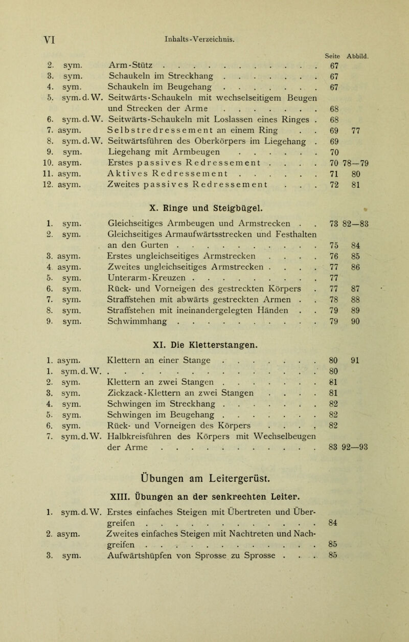 Seite Abbild. 2. sym. Arm-Stütz 67 8. sym. Schaukeln im Streckhang 67 4. sym. Schaukeln im Beugehang 67 5. sym.d. W. Seitwärts - Schaukeln mit wechselseitigem Beugen und Strecken der Arme 68 6. sym. d.W. Seitwärts-Schaukeln mit Loslassen eines Ringes . 68 7. asym. Selbstredressement an einem Ring 69 77 8. sym. d.W. Seitwärtsführen des Oberkörpers im Liegehang . 69 9. sym. Liegehang mit Armbeugen 70 10. asym. Erstes passives Redressement . . . . 70 78—79 11. asym. Aktives Redressement 71 80 12. asym. Zweites passives Redressement . . . 72 81 X. Ringe und Steigbügel. 1. sym. Gleichseitiges Armbeugen und Armstrecken . . 78 82—88 2. sym. Gleichseitiges Armaufwärtsstrecken und Festhalten an den Gurten 75 84 3. asym. Erstes ungleichseitiges Armstrecken .... 76 85 4. asym. Zweites ungleichseitiges Armstrecken .... 77 86 5. sym. Unterarm-Kreuzen 77 6. sym. Rück- und Vorneigen des gestreckten Körpers . 77 87 7. sym. Straffstehen mit abwärts gestreckten Armen 78 88 8. sym. Straffstehen mit ineinandergelegten Händen . . 79 89 9. sym. Schwimmhang 79 90 XI. Die Kletterstangen. 1. asym. Klettern an einer Stange 80 91 1. sym. d.W 80 2. sym. Klettern an zwei Stangen 81 3. sym. Zickzack-Klettern an zwei Stangen .... 81 4. sym. Schwingen im Streckhang 82 5. sym. Schwingen im Beugehang 82 6. sym. Rück- und Vorneigen des Körpers .... 82 7. sym.d.W. Halbkreisführen des Körpers mit Wechselbeugen der Arme 83 92—93 Übungen am Leitergerüst. XIII. Übungen an der senkrechten Leiter. 1. sym.d.W. Erstes einfaches Steigen mit Übertreten und Über- greifen 84 2. asym. Zweites einfaches Steigen mit Nachtreten und Nach- greifen 85 3. sym. Aufwärtshüpfen von Sprosse zu Sprosse ... 85