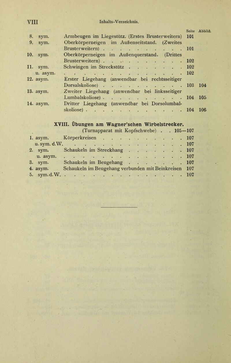 8. sym. Armbeugen im Liegestütz. (Erstes Brusterweitern) 9. sym. Oberkörperneigen im Außenseitstand. (Zweites Brusterweitern) 10. sym. Oberkörperneigen im Außenquerstand. (Drittes Brusterweitern) 11. sym. Schwingen im Streckstütz u. asym 12. asym. Erster Liegehang (anwendbar bei rechtsseitiger Dorsalskoliose) 18. asym. Zweiter Liegehang (anwendbar bei linksseitiger Lumbalskoliose) 14. asym. Dritter Liegehang (anwendbar bei Dorsolumbal- skoliose) Seite 101 101 102 102 102 108 104 104 XVIII. Übungen am Wagner’sehen Wirbelstrecker. (Turnapparat mit Kopfschwebe) . . 105—107 1. asym. Körperkreisen 107 u. sym. d.W. 107 2. sym. Schaukeln im Streckhang 107 u. asym 107 3. sym. Schaukeln im Beugehang 107 4. asym. Schaukeln im Beugehang verbunden mit Beinkreisen 107 5. sym. d.W 107 Abbild. 104 105 100