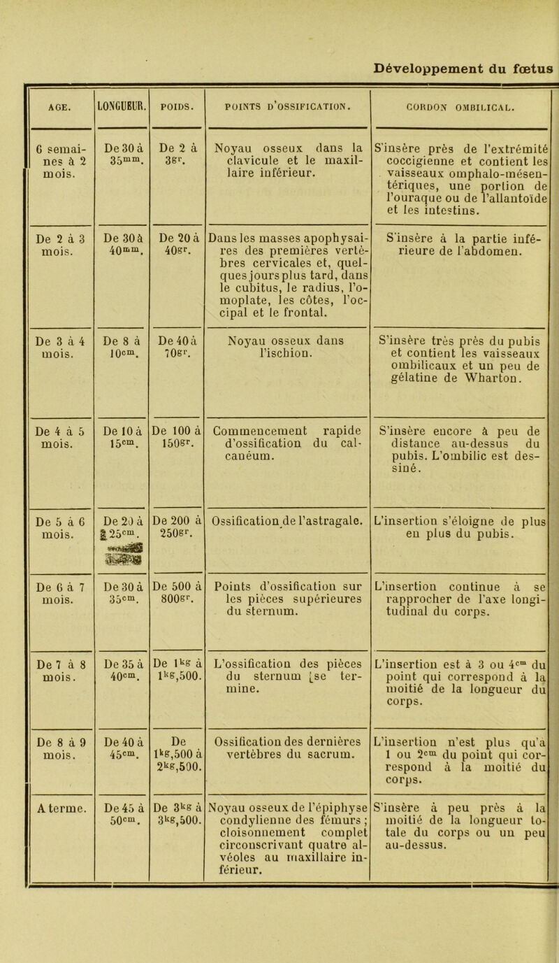 Développement du fœtus AGE. LONGUEUR. POIDS. POINTS d’ossification. GORDON OMBIUCAL. 6 semai- nes à 2 mois. De 30 à 35““. De 2 à Noyau osseux dans la clavicule et le maxil- laire inférieur. S’insère près de l’extrémité coccigienne et contient les vaisseaux omphalo-mésen- tériques, une portion de l’ouraque ou de l’allantoïde et les intestins. De 2 à 3 mois. De 30 à 40““. De 20 à 40gr. Dans les masses apophysai- res des premières vertè- bres cervicales et, quel- ques jours plus tard, dans le cubitus, le radius, l’o- moplate, les côtes, l’oc- cipal et le frontal. S'insère à la partie infé- rieure de l’abdomen. De 3 à 4 mois. De 8 à JOcm. De 40 à TOef. Noyau osseux dans l’ischion. S’insère très près du pubis et contient les vaisseaux ombilicaux et un peu de gélatine de Wharton. De 4 à 5 mois. De 10 à 15«“. De 100 à 150Sr. Commencement rapide d’ossification du cal- canéum. S’insère encore à peu de distance au-dessus du pubis. L’ombilic est des- siné. De 5 à 6 mois. De 20 à |25c“. De 200 à 250gr. Ossiûcation.de l’astragale. L’insertion s’éloigne de plus eu plus du pubis. De G à 7 mois. De 30 à 35c“. De 500 à 800e^ Points d’ossification sur les pièces supérieures du sternum. L’insertion continue à se rapprocher de l’axe longi- tudinal du corps. De 7 à 8 mois. De 35 à 40cm. De l^e à lKg,500. L’ossification des pièces du sternum [se ter- mine. L’insertion est à 3 ou 4<^“ du point qui correspond à la moitié de la longueur du corps. De 8 à 9 mois. De 40 à 45cm. De l'‘g,500à 2kg,500. Ossification des dernières vertèbres du sacrum. L’insertion n’est plus qu’a 1 ou 2cm du point qui cor- respond à la moitié du corps. A terme. De 45 à 50c“. De 3kg à 3kg,500. Noyau osseux de l’épiphyse condylienne des fémurs; cloisonnement complet circonscrivant quatre al- véoles au maxillaire in- férieur. S’insère à peu près à la moitié de la longueur to- tale du corps ou un peu au-dessus.