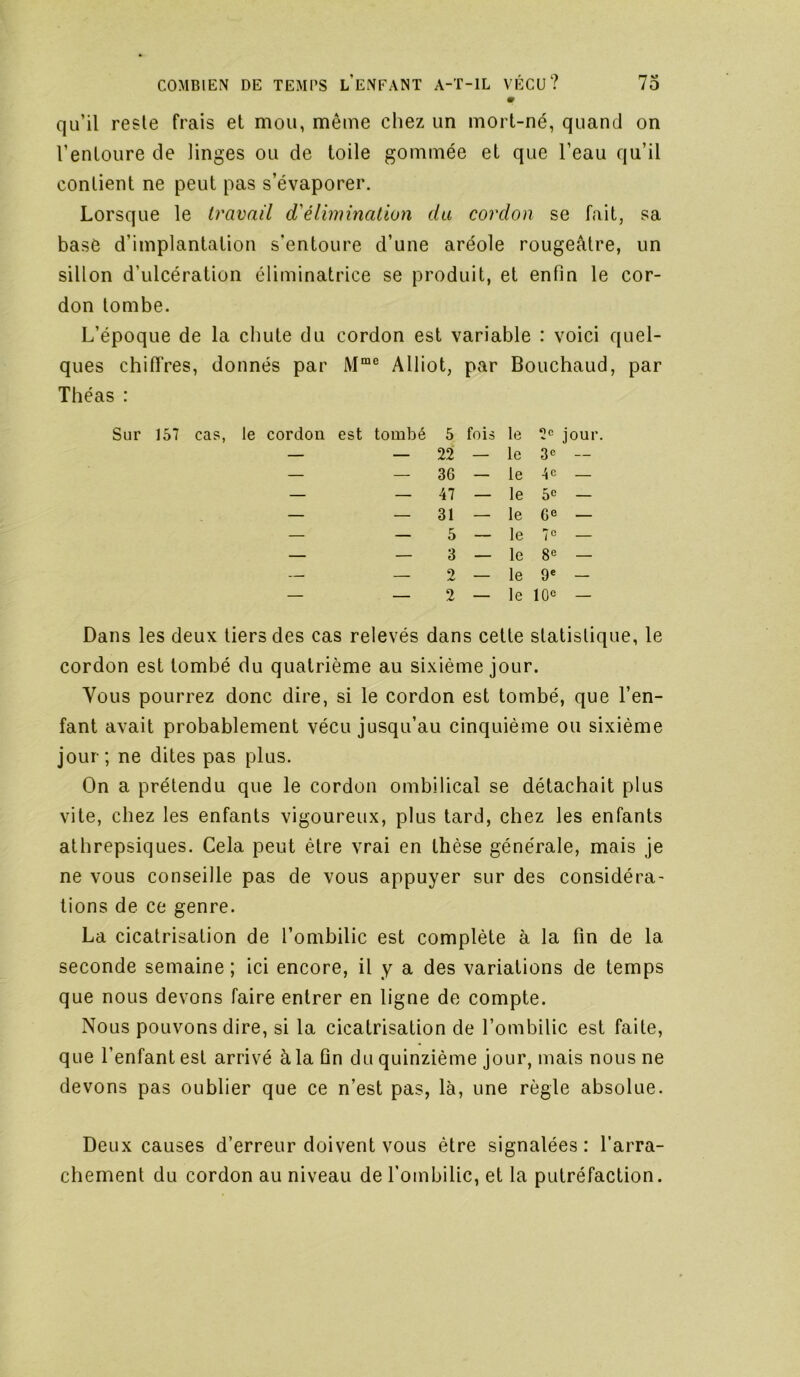 qu’il resle frais et mou, même chez un mort-né, quand on l’entoure de linges ou de toile gommée et que l’eau qu’il contient ne peut pas s’évaporer. Lorsque le travail d'élimination du cordon se fait, sa base d’implantation s'entoure d’une aréole rougeâtre, un sillon d’ulcération éliminatrice se produit, et enfin le cor- don tombe. L’époque de la chute du cordon est variable : voici quel- ques chiffres, donnés par Alliot, par Bouchaud, par Théas : le cordon est tombé 5 fois le 2c jour — — 22 — le 3<= — — — 36 — le 4c — — — 47 — le — — — 31 — le 6e — — — 5 — le 7C — — — 3 — le 8® — — — 2 — le 9® — — — 2 — le IQc — Dans les deux tiers des cas relevés dans cette statistique, le cordon est tombé du quatrième au sixième jour. Vous pourrez donc dire, si le cordon est tombé, que l’en- fant avait probablement vécu jusqu’au cinquième ou sixième jour; ne dites pas plus. On a prétendu que le cordon ombilical se détachait plus vite, chez les enfants vigoureux, plus tard, chez les enfants athrepsiques. Cela peut être vrai en thèse générale, mais je ne vous conseille pas de vous appuyer sur des considéra- tions de ce genre. La cicatrisation de l’ombilic est complète à la fin de la seconde semaine ; ici encore, il y a des variations de temps que nous devons faire entrer en ligne de compte. Nous pouvons dire, si la cicatrisation de l’ombilic est faite, que l’enfant est arrivé à la fin du quinzième jour, mais nous ne devons pas oublier que ce n’est pas, là, une règle absolue. Deux causes d’erreur doivent vous être signalées: l’arra- chement du cordon au niveau de l’ombilic, et la putréfaction.