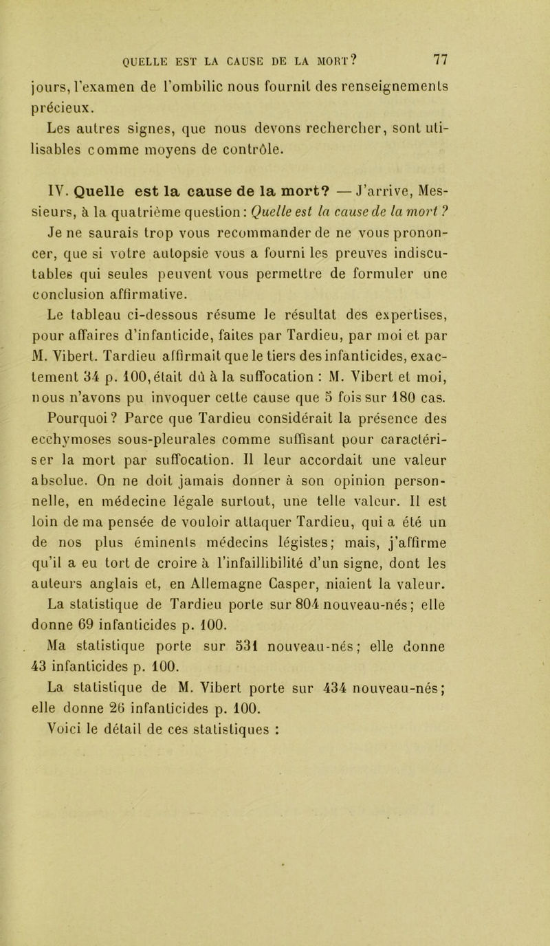 jours, l’examen de l’ombilic nous fournil des renseignements précieux. Les autres signes, que nous devons rechercher, sont uti- lisables comme moyens de contrôle. IV. Quelle est la cause de la mort? — J’arrive, Mes- sieurs, à la quatrième question : Quelle est la cause de la mort ? Je ne saurais trop vous recommander de ne vous pronon- cer, que si votre autopsie vous a fourni les preuves indiscu- tables qui seules peuvent vous permettre de formuler une conclusion affirmative. Le tableau ci-dessous résume le résultat des expertises, pour affaires d’infanticide, faites par Tardieu, par moi et par M. Vibert. Tardieu affirmait que le tiers des infanticides, exac- tement 34 p. 100, était dû à la suffocation : M. Vibert et moi, nous n’avons pu invoquer cette cause que 5 fois sur 180 cas. Pourquoi ? Parce que Tardieu considérait la présence des ecchymoses sous-pleurales comme suffisant pour caractéri- ser la mort par suffocation. Il leur accordait une valeur absolue. On ne doit jamais donner à son opinion person- nelle, en médecine légale surtout, une telle valeur. Il est loin de ma pensée de vouloir attaquer Tardieu, qui a été un de nos plus éminenls médecins légistes; mais, j’affirme qu’il a eu tort de croire à l’infaillibilité d’un signe, dont les auteurs anglais et, en Allemagne Casper, niaient la valeur. La statistique de Tardieu porte sur 804 nouveau-nés ; elle donne 69 infanticides p. 100. Ma statistique porte sur 531 nouveau-nés; elle donne 43 infanticides p. 100. La statistique de M. Vibert porte sur 434 nouveau-nés; elle donne 26 infanticides p. 100. Voici le détail de ces statistiques :