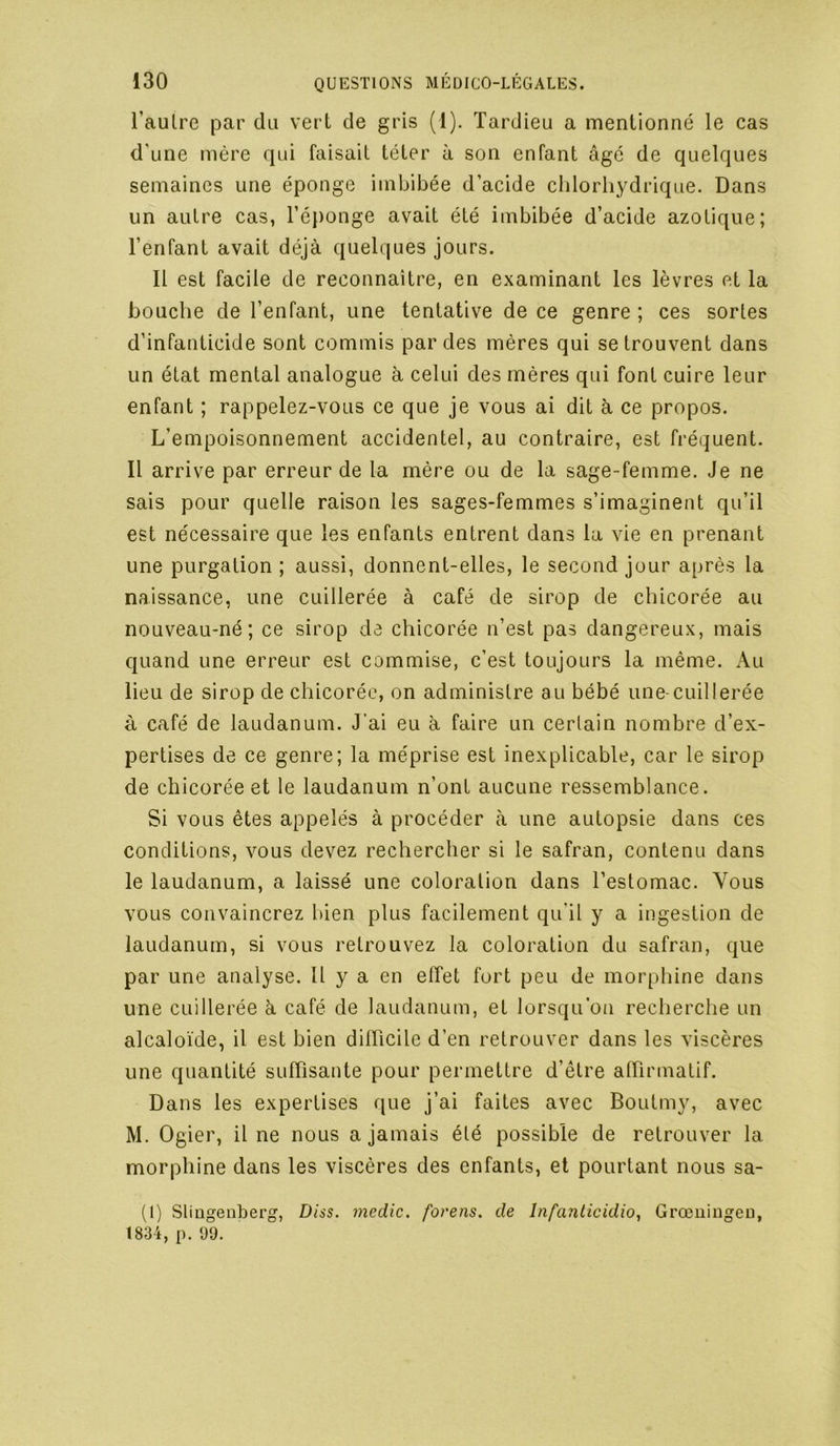 l’aulre par du vert de gris (1). Tardieu a mentionné le cas d’une mère qui faisait téter à son enfant âgé de quelques semaines une éponge imbibée d’acide chlorhydrique. Dans un autre cas, Té|)onge avait été imbibée d’acide azotique; l’enfant avait déjà quelques jours. Il est facile de reconnaître, en examinant les lèvres et la bouche de l’enfant, une tentative de ce genre ; ces sortes d’infanticide sont commis par des mères qui se trouvent dans un état mental analogue à celui des mères qui font cuire leur enfant ; rappelez-vous ce que je vous ai dit à ce propos. L’empoisonnement accidentel, au contraire, est fréquent. Il arrive par erreur de la mère ou de la sage-femme. Je ne sais pour quelle raison les sages-femmes s’imaginent qu’il est nécessaire que les enfants entrent dans la vie en prenant une purgation ; aussi, donnent-elles, le second jour après la naissance, une cuillerée à café de sirop de chicorée au nouveau-né; ce sirop de chicorée n’est pas dangereux, mais quand une erreur est commise, c’est toujours la même. Au lieu de sirop de chicorée, on administre au bébé une-cuillerée à café de laudanum. J'ai eu à faire un certain nombre d’ex- pertises de ce genre; la méprise est inexplicable, car le sirop de chicorée et le laudanum n’ont aucune ressemblance. Si vous êtes appelés à procéder à une autopsie dans ces conditions, vous devez rechercher si le safran, contenu dans le laudanum, a laissé une coloration dans l’estomac. Vous vous convaincrez bien plus facilement qu’il y a ingestion de laudanum, si vous retrouvez la coloration du safran, que par une analyse. U y a en effet fort peu de morphine dans une cuillerée à café de laudanum, et lorsqu’on recherche un alcaloïde, il est bien difficile d’en retrouver dans les viscères une quantité suffisante pour permettre d’être affirmatif. Dans les expertises que j’ai faites avec Boutmy, avec M. Ogier, il ne nous a jamais été possible de retrouver la morphine dans les viscères des enfants, et pourtant nous sa- (1) Sliugeiiberg, Diss. medic. forens. de Infanticidio, Grœuingeo, 1834, p. Ü9.
