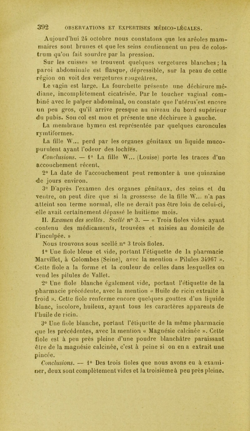 Aujourd’hui 24 octobre nous constatons que les aréoles mam- maires sont brunes et que les seins contiennent un peu de colos- trum qu’on fait sounlre par la pression. Sur les cuisses se trouvent quelques vergetures blanches; la paroi abdominale est flasque, dépressible, sur la peau de cette région on voit des vergetures rougeàti-es. Le vagin est large. La fourchette présente une déchirure mé- diane, incomplètement cicatrisée. Par le toucher vaginal com- biné avec le palper abdominal, on constate que l’ulérus’est encore un peu gros, qu’il arrive presque au niveau du bord supérieur du pubis. Son col est rnou et présente une déchirure à gauche. La membrane hymen est représentée par quelques caroncules rymtiformes. La fille W... perd par les organes génitaux un liquide muco- purulent ayant l’odeur des lochies. Conclusions. — 1° La fille W... (Louise) porte les traces d’un accouchement récent. 2° La date de l’accouchement peut remonter à une quinzaine de jours environ. 3*^ D'après l’examen des organes génitaux, des seins et du ventre, on peut dire que si la grossesse de la fille W... n’a pas atteint son terme normal, elle ne devait pas être loin de celui-ci, elle avait certainement dépassé le huitième mois. II. Examen des scellés. Scellé n° 3. — « Trois fioles vides ayant contenu des médicaments, trouvées et saisies au domicile de l’inculpée. » Nous trouvons sous scellé n° 3 trois fioles. 1° Une fiole bleue et vide, portant l’étiquette de la pharmacie Marvillet, à Colombes (Seine), avec la mention « Pilules 34967 ». ‘Cette fiole a la forme et la couleur de celles dans lesquelles on vend les pilules de Vallet. 2° Une fiole blanche également vide, portant l’étiquette de la pharmacie précédente, avec la mention « Huile de ricin extraite à froid ». Cette fiole renferme encore quelques gouttes d’un liquide blanc, incolore, huileux, ayant tous les caractères apparents de l’huile de ricin. 3° Une fiole blanche, portant l’étiiiuette de la même pharmacie que les précédentes, avec lamenlion « Magnésie calcinée ». Cette fiole est à peu près pleine d’une poudre blanchâtre paraissant être de la magnésie calcinée, c’est à peine si on en a extrait une pincée. Conclusions. — 1° Des trois fioles que nous avons eu à exami- ner, deux sont complètement vides et la troisième à peu près pleine.
