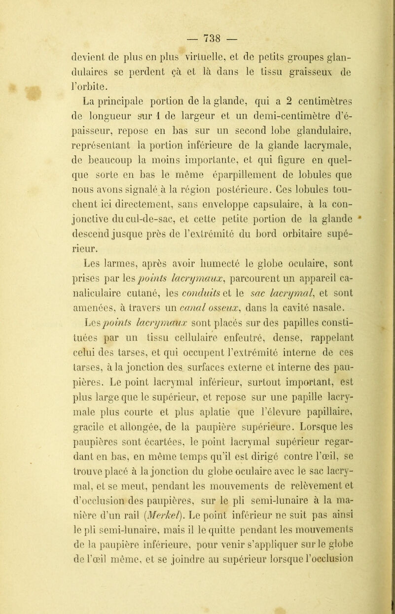 devient de plus en plus virtuelle, et de petits groupes glan- dulaires se perdent çà et là dans le tissu graisseux de l’orbite. La principale portion de la glande, qui a 2 centimètres de longueur sur 1 de largeur et un demi-centimètre d’é- paisseur, repose en bas sur un second lobe glandulaire, représentant la portion inférieure de la glande lacrymale, de beaucoup la moins importante, et qui figure en quel- que sorte en bas le même éparpillement de lobules que nous avons signalé à la région postérieure. Ces lobules tou- chent ici directement, sans enveloppe capsulaire, à la con- jonctive du cul-de-sac, et cette petite portion de la glande * descend jusque près de l’extrémité du bord orbitaire supé- rieur. Les larmes, après avoir humecté le globe oculaire, sont prises par les points lacrymaux, parcourent un appareil ca- naliculaire cutané, les conduits et le sac lacrymal, et sont amenées, à travers un canal osseux, dans la cavité nasale. Les points lacrymaux sont places sur des papilles cons ti- tuées par un tissu cellulaire enfeutré, dense, rappelant celui des tarses, et qui occupent l’extrémité interne de ces tarses, à la jonction des surfaces externe et interne des pau- pières. Le point lacrymal inférieur, surtout important, est plus large que le supérieur, et repose sur une papille lacry- male plus courte et plus aplatie que l’élevure papillaire, gracile et allongée, de la paupière supérieure. Lorsque les paupières sont écartées, le point lacrymal supérieur regar- dant en bas, en même temps qu’il est dirigé contre l’œil, se trouve placé à la jonction du globe oculaire avec le sac lacry- mal, et se meut, pendant les mouvements de relèvement et d’occlusion des paupières, sur le pli semi-lunaire à la ma- nière d’un rail (Merkel). Le point inférieur ne suit pas ainsi le pli semi-lunaire, mais il le quitte pendant les mouvements de la paupière inférieure, pour venir s’appliquer sur le globe de l’œil même, et se joindre au supérieur lorsque l’occlusion
