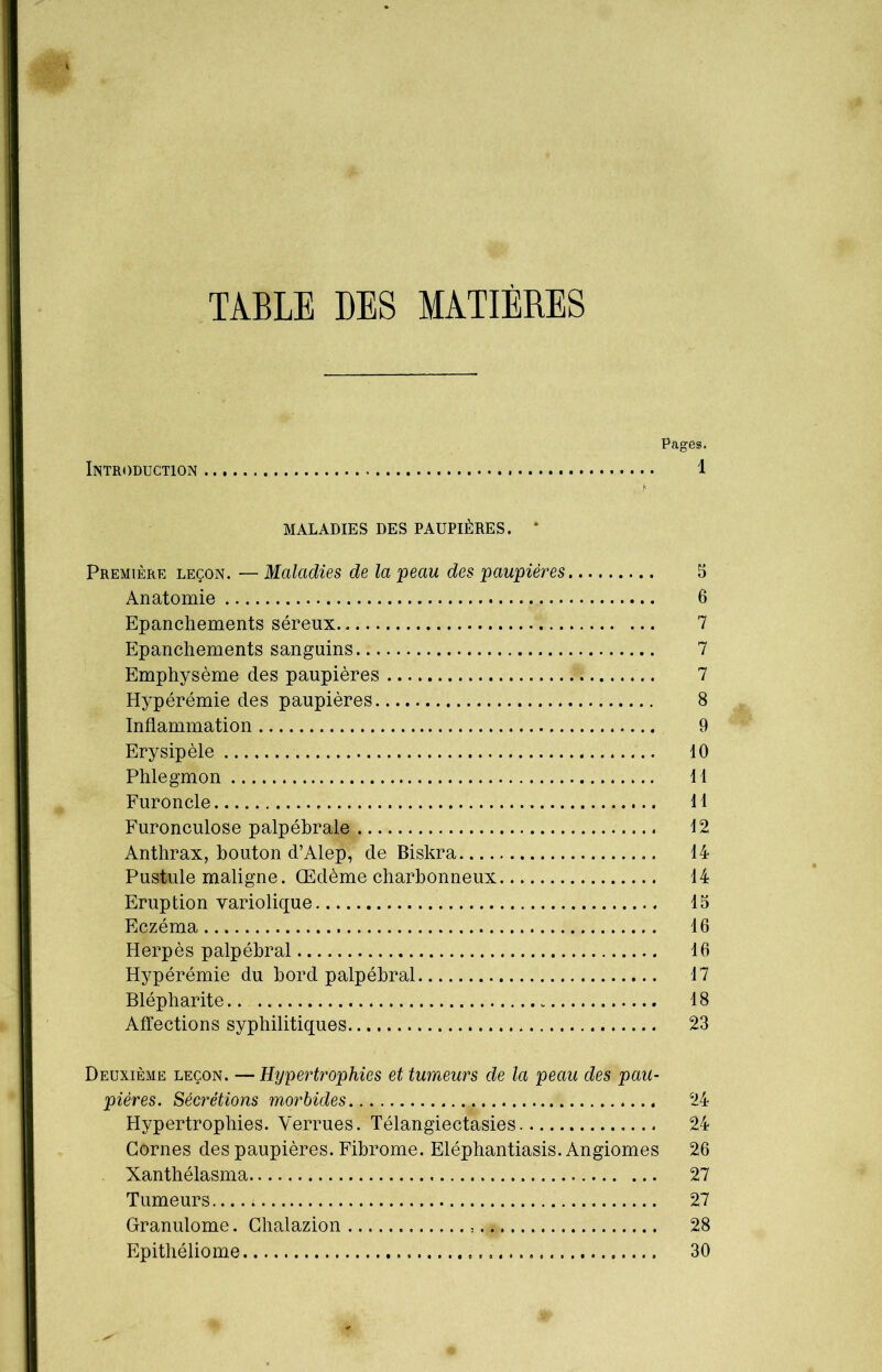 TABLE DES MATIÈRES Pages. Introduction 1 > MALADIES DES PAUPIÈRES. * Première leçon. — Maladies de la peau des paupières. S Anatomie 6 Epanchements séreux 7 Epanchements sanguins 7 Emphysème des paupières 7 Hypérémie des paupières 8 Inflammation 9 Erysipèle 10 Phlegmon 11 Furoncle 11 Furonculose palpébrale 12 Anthrax, bouton d’Alep, de Biskra 14 Pustule maligne. Œdème charbonneux 14 Eruption variolique 15 Eczéma 16 Herpès palpébral 16 Hypérémie du bord palpébral 17 Blépharite.. 18 Affections syphilitiques 23 Deuxième leçon. — Hypertrophies et tumeurs de la peau des pau- pières. Sécrétions morbides 24 Hypertrophies. Verrues. Télangiectasies 24 Cornes des paupières. Fibrome. Eléphantiasis. Angiomes 26 Xanthélasma 27 Tumeurs » 27 Granulome. Chalazion 28 Epithéliome 30
