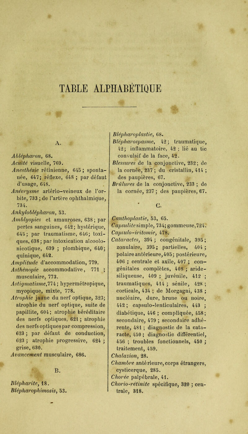 TABLE ALPHABETIQUE A. Ablépharon, 68. Acuité visuelle, 769. Anesthésie rétinienne, 645 ; sponta- née, 647; réflexe, 648 ; par défaut d’usage, 648. Anévrysme artério-veineux de l’or- bite, 733 ; de l’artère ophthalmique, 734. Ankyloblépharon, 53. Amblyopies et amauroses, 638; par pertes sanguines, 642; hystérique, 645; par traumatisme, 646; toxi- ques, 638; par intoxication aïcoolo- nicotique, 639 ; plombique, 640; quinique, 642. Amplitude d’accommodation, 779. Asthénopie accommodative, 771 ; musculaire, 773. Astigmatisme,774 ; hypermétropique, myopique, mixte, 778. Atrophie jaune du nerf optique, 323; atrophie du nerf optique, suite de papillite, 604; atrophie héréditaire des nerfs optiques. 621 ; atrophie des nerfs optiques par compression, 623 ; par défaut de conduction, 623 ; atrophie progressive, 624 ; grise, 630. Avancement musculaire, 686. B. Blépharite, 18. Blépharophimosis, 53. Blépharoplastie, 68. Blèpharospasme, 42 ; traumatique, 42; inflammatoire, 42 ; lié au tic convulsif de la face, 42. Blessures de la conjonctive, 232; de la cornée, 237 ; du cristallin, 414 ; des paupières, 67. Brûlures de la conjonctive, 233 ; de la cornée, 237 ; des paupières, 67. C. Canthoplastie, 53, 65. Capsulitesimple, 734;gommeuse,724. Capsulo-iritomie, 478. Cataractes, 394 ; congénitale, 395 ; zonulaire, 395 ; partielles, 404 ; polaire antérieure,405; postérieure, 406 ; centrale et axile, 407 ; con- génitales complètes, 408 ; aride- siliqueuse, 409 ; juvénile, 412 ; traumatiques, 414 ; sénile, 428 ; corticale, 434 ; de Morgagni, 438 ; nucléaire, dure, brune ou noire, 442 ; capsulo-lenticulaires, 443 ; diabétique, 446 ; compliquée, 458; secondaire, 479 ; secondaire adhé- rente, 481 ; diagnostic de la cata- racte, 450 ; diagnostic différentiel, 456 ; troubles fonctionnels, 450 ; traitement, 459. Chalazion, 28. Chambre antérieure,corps étrangers, cysticerque, 285. Chorée palpébrale, 41. Chorio-rètinite spécifique, 320 ; cen- trale, 318.