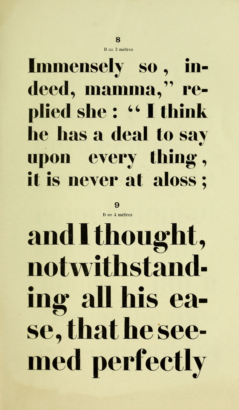 D = 3 mètres Immensely so, in- deed, mamma,” re- plied she : “ I think he lias a deal to say upon every tliing, it is never at aloss ; 9 D = 4 mètres and 1 thought, notwithstand- Ing ail his ea- se,thathesee- med perfectly