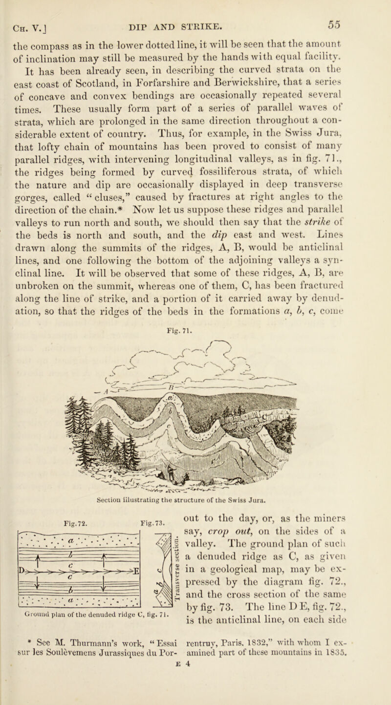 the compass as in the lower dotted line, it will be seen that the amount of inclination may still be measured by the hands with equal facility. It has been already seen, in describing the curved strata on the east coast of Scotland, in Forfarshire and Berwickshire, that a series of concave and convex bendings are occasionally repeated several times. These usually form part of a series of parallel waves of strata, which are prolonged in the same direction throughout a con- siderable extent of country. Thus, for example, in the Swiss Jura, that lofty chain of mountains has been proved to consist of many parallel ridges, with intervening longitudinal valleys, as in fig. 71., the ridges being formed by curved fossiliferous strata, of which the nature and dip are occasionally displayed in deep transverse gorges, called “ cluses,” caused by fractures at right angles to the direction of the chain.* * Now let us suppose these ridges and parallel valleys to run north and south, we should then say that the strike of the beds is north and south, and the dip east and west. Lines drawn along the summits of the ridges, A, B, would be anticlinal lines, and one following the bottom of the adjoining valleys a syn- clinal line. It will be observed that some of these ridges, A, B, are unbroken on the summit, whereas one of them, C, has been fractured along the line of strike, and a portion of it carried away by denud- ation, so that the ridges of the beds in the formations a, b, c, come Fig. 71. Section illustrating the structure of the Swiss Jura. Fig.72. Fig.73. •   —: —— • . •*..* a . • \ •• *. . * • * * / . A u > ^ - - n t ^ ^ l ' ^ > ^T7 1 c ■ : Y 7 \ f 0 ... Ground plan of the denuded ridge C, fig. 71. out to the day, or, as the miners say, crop out, on the sides of a valley. The ground plan of such a denuded ridge as C, as given in a geological map, may be ex- pressed by the diagram fig. 72., and the cross section of the same by fig. 73. The line 1) E, fig. 72., is the anticlinal line, on each side * See M. Thurmann’s work, “ Essai rentruy, Paris, 1832,’' with whom I ex- sur les Soulevemens Jurassiques du Por- amined part of these mountains in 1835.