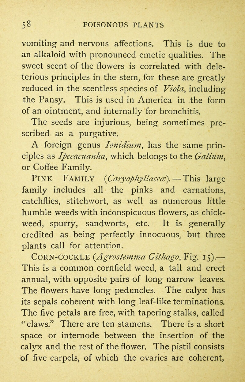 vomiting and nervous affections. This is due to an alkaloid with pronounced emetic qualities. The sweet scent of the flowers is correlated with dele- terious principles in the stem, for these are greatly reduced in the scentless species of Viola, including the Pansy. This is used in America in the form of an ointment, and internally for bronchitis. The seeds are injurious, being sometimes pre- scribed as a purgative. A foreign genus Ionidium, has the same prin- ciples as Ipecacuanha, which belongs to the Galium, or Coffee Family. PlNK Family (Caryophyllacece). — This large family includes all the pinks and carnations, catchflies, stitchwort, as well as numerous little humble weeds with inconspicuous flowers, as chick- weed, spurry, sandworts, etc. It is generally credited as being perfectly innocuous, but three plants call for attention. Corn-cockle (Agrostemma Githago, Fig. 15).— This is a common cornfield weed, a tall and erect annual, with opposite pairs of long narrow leaves. The flowers have long peduncles. The calyx has its sepals coherent with long leaf-like terminations. The five petals are free, with tapering stalks, called “ claws.” There are ten stamens. There is a short space or internode between the insertion of the calyx and the rest of the flower. The pistil consists of five carpels, of which the ovaries are coherent,