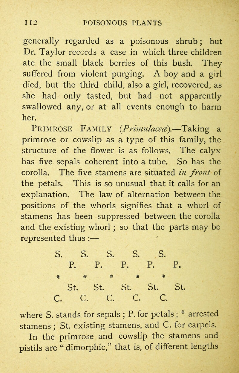 generally regarded as a poisonous shrub; but Dr. Taylor records a case in which three children ate the small black berries of this bush. They suffered from violent purging. A boy and a girl died, but the third child, also a girl, recovered, as she had only tasted, but had not apparently swallowed any, or at all events enough to harm her. Primrose Family (Primulacece).—Taking a primrose or cowslip as a type of this family, the structure of the flower is as follows. The calyx has five sepals coherent into a tube. So has the corolla. The five stamens are situated in front of the petals. This is so unusual that it calls for an explanation. The law of alternation between the positions of the whorls signifies that a whorl of stamens has been suppressed between the corolla and the existing whorl ; so that the parts may be represented thus :— s. s. s. s. s. p. p. p. p. p. * * 'JS* * * St. St. St. St. St. c. c. c. c. c. where S. stands for sepals ; P. for petals ; * arrested stamens; St. existing stamens, and C. for carpels. In the primrose and cowslip the stamens and pistils are “ dimorphic,” that is, of different lengths