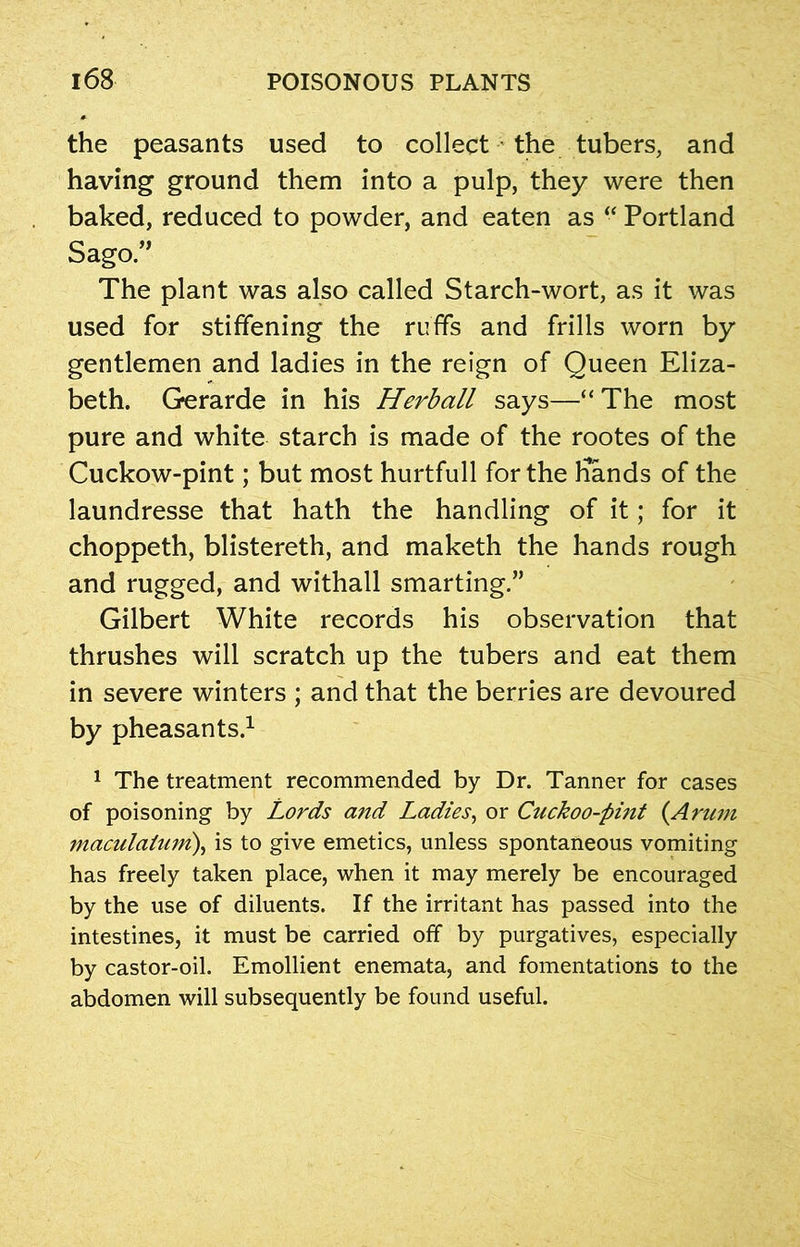 the peasants used to collect the tubers, and having ground them into a pulp, they were then baked, reduced to powder, and eaten as “ Portland Sago.” The plant was also called Starch-wort, as it was used for stiffening the ruffs and frills worn by gentlemen and ladies in the reign of Queen Eliza- beth. Gerarde in his Herb all says—“ The most pure and white starch is made of the rootes of the Cuckow-pint; but most hurtfull for the hands of the laundresse that hath the handling of it; for it choppeth, blistereth, and maketh the hands rough and rugged, and withall smarting.” Gilbert White records his observation that thrushes will scratch up the tubers and eat them in severe winters ; and that the berries are devoured by pheasants.1 1 The treatment recommended by Dr. Tanner for cases of poisoning by Lords and Ladies, or Cuckoo-pint {Arum maculatum), is to give emetics, unless spontaneous vomiting has freely taken place, when it may merely be encouraged by the use of diluents. If the irritant has passed into the intestines, it must be carried off by purgatives, especially by castor-oil. Emollient enemata, and fomentations to the abdomen will subsequently be found useful.