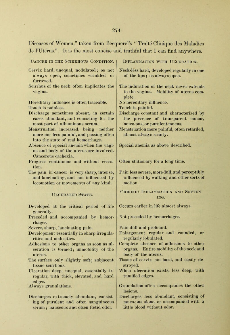 Diseases of Women,” taken from Becqnerel’s “ Traits Clinique des Maladies de rUterus.” It is the most concise and truthful that I can find anywhere. Cancer in the Scirrhous Condition. Cervix hard, unequal, nodulated; os not always open, sometimes wrinkled or furrowed. Scirrhus of the neck often implicates the vagina. Hereditary influence is often traceable. Touch is painless. Discharge sometimes absent, in certain cases abundant, and consisting for the most part of albuminous serum. Menstruation increased, being neither more nor less painful, and passing often iuto the state of real hemorrhage. Absence of special anemia when the vagi- na and body of the uterus are involved. Cancerous cachexia. Progress continuous and without cessa- tion. The pain in cancer is very sharp, intense, and lancinating, and not influenced by locomotion or movements of any kind. Ulcerated State. Developed at the critical period of life generally. Preceded and accompanied by hemor- rhages. Severe, sharp, lancinating pain. Development essentially in sharp irregula- rities and nodosities. Adhesions to other organs as soon as ul- ceration is formed; immobility of the uterus. , The surface only slightly soft; subjacent tissue scirrhous. Ulceration deep, nnequal, essentially ir- regular, with thick, elevated, and hard edges. Always granulations. Discharges extremely abundant, consist- ing of purulent and often sanguineous serum ; nauseous and often foetid odor. Inflammation with Ul'ceration. Neckdess hard, developed regularly in one of the lips; os always open. The induration of the neck never extends to the vagina. Mobility of uterus com- plete. No hereditary influence. Touch is painful. Discharge constant and characterized by the presence of transparent mucus, muco-pus, or purulent mucus. Menstruation more painful, often retarded, almost always scanty. Special anemia as above described. Often stationary for a long time. Pain less severe, moredull,and perceptibly influenced by walking and other sorts of motion. Chronic Inflammation and Soften- ing. Occurs earlier in life almost always. Not preceded by hemorrhages. Pain dull and i)rofound. Enlargement regular and rounded, or regularly lobulated. Complete absence of adhesions to other organs. Entire mobility of the neck and body of the uterus. Tissue of cervix not hard, and easily de- stroyed. When ulceration exists, less deep, with tumifled edges. Granulation often accompanies the other lesions. Discharges less abundant, consisting of muco-pus alone, or accompanied with a Little blood without odor.