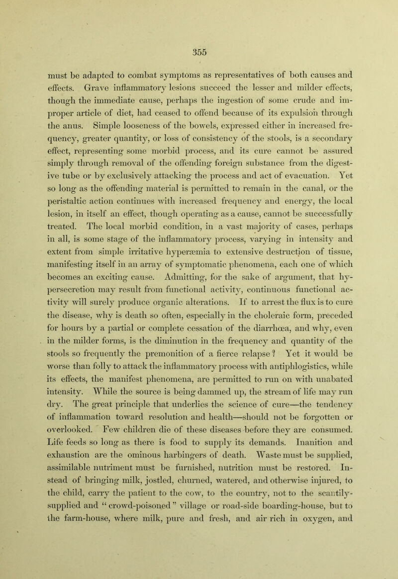 must be adapted to combat symptoms as representatives of both causes and effects. Grave inflammatory lesions succeed the lesser and milder effects, though the immediate cause, perhaps the ingestion of some crude and im- proper article of diet, had ceased to offend because of its expulsion through the anus. Simple looseness of the bowels, expressed either in increased fre- quency, greater quantity, or loss of consistency of the stools, is a secondary effect, representing some morbid process, and its cure cannot be assured simply through removal of the offending foreign substance from the digest- ive tube or by exclusively attacking the process and act of evacuation. Yet so long as the offending material is permitted to remain in the canal, or the peristaltic action continues with increased frequency and energy, the local lesion, in itself an effect, though operating as a cause, cannot be successfully treated. The local morbid condition, in a vast majority of cases, perhaps in all, is some stage of the inflammatory process, varying in intensity and extent from simple irritative hyperasmia to extensive destruction of tissue, manifesting itself in an array of symptomatic phenomena, each one of which becomes an exciting cause. Admitting, for the sake of argument, that hy- persecretion may result from functional activity, continuous functional ac- tivity will surely produce organic alterations. If to aiTest the flux is to cure the disease, why is death so often, especially in the choleraic form, preceded for hours by a partial or complete cessation of the diarrhoea, and why, even in the milder forms, is the diminution in the frequency and quantity of the stools so frequently the premonition of a fierce relapse 1 Yet it would be worse than folly to attack the inflammatory process with antiphlogistics, while its effects, the manifest phenomena, are permitted to run on with unabated intensity. While the source is being dammed up, the stream of life may run dry. The great principle that underlies the science of cure—the tendency of inflammation toward resolution and health—should not be forgotten or overlooked. Few children die of these diseases before they are consumed. Life feeds so long as there is food to supply its demands. Inanition and exhaustion are the ominous harbingers of death. Waste must be supplied, assimilable nutriment must be furnished, nutrition must be restored. In- stead of bringing milk, jostled, churned, watered, and otherwise injured, to the child, carry the patient to the cow, to the country, not to the scantilj^- supplied and “crowd-poisoned” village or road-side boarding-house, but to the farm-house, where milk, pure and fresh, and air rich in oxygen, and