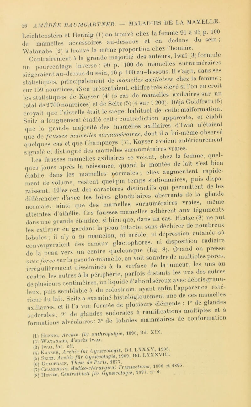 Leiclilenslem el llennig (I) ou D'ouvc cliez la femme 91 à 95 p- DW de mamelles accessoires au-dessous el en dedans du sem , Walanabe (lil a Irouvé la im'me proporlion chez l'homme. Contraircmcnl à la grande majorité des auteurs, Iwaï (3) lormule un pourcentage inverse ; 90 p. 100 de mamelles surnuméraires siégeraient au-dessus du sein, 10 p. 100 au-dessous. 11 s’agit, dans ses slalisliciues, principalement de mamelles axillaires chez la lemme ; sur 159 nourrices,43en présentaient, chiffre très élevé si l’on en croit les slatisliques de Kayser (4) (,5 cas de mamelles axillaires sur un total de 2700 nourrices) cl de Seilz (5) (4 sur l 200). Déjà Goldirainf i) croyait que l’aisselle était le siège habituel de celle malforma ion. Seitz a longuement étudié cette contradiction apparente, et elab i que la grande majorilé des mamelles axillaires d’iwaï n’élaienl que de fausses mamelles surnuméraires, dont il a lui-mème observe quelques cas el que Champneys (7), Kayser avaienl antérieurement siernalé et distingué des mamelles surnuméraires vraies. 'hes fausses mamelles axillaires se voient, chez la ferninc, que- (lues jours après la naissance, quand la montée de lait s est bien établie dans les mamelles normales ; elles augmentent rapide- ment de volume, restent quelque temps stationnaires, puis dispa- raissent. Elles ont des caractères distinctifs qui permettent de les différencier d’avec les lobes glandulaires aberrants de la glande normale, ainsi (pie des mamelles surnuméraires vraies, meme atleinles d’athélie. Ces fausses mamelles adhèrent aux legiimenls dans une grande étendue, si bien que, dans un cas, Ilintze )8) ne put les extirper en gardant la peau intacte, sans déchirer de nombreux lobules- il n’v a ni mamelon, ni aréole, ni dépréssion culanee on convergeraient des canaux glactophores, ni disposition radiaire de la peau vers un centre quelconque (ffg. 8). Quand on presse avec force sur la pseudo-mamelle, on voit sourdrede multiples pores, irré-ulièreinenl disséminés à la surface de lalumeur, les uns au ceiiU-e, les autres à la périphérie, parfois distants les uns des autres de plusieurs centimèlres, un liquide d’abord sereux avec débi is granu leux puis .semblable à du colostrum, ayant enhn 1 apparence ex c- rieiir du lait. Seilz a examiné histologiquement une de ces mamel es axillaires, et il l'a vue formée de plusieurs éléments : 1» de glane es sudorales- -2» de glandes sudorales à ramifications multiples et a formalioii alvéolaires ; 3 de lobules mammaires de conlormation (1) llENNio, Archiv. für anlhropohjie, 1890, Hd. XIX. (2) Watanaue, d’après Iavai. (3) Iavaî, loc. cil. _ i> 1 T vYW^ mOS (4) Kayser, Archiv für Gynæcologie, (d) Seitz, Archiv für Gynæcoloffie, 1909, Bd. LXXX^ 111. (6) (ioLDKRAiN, Thèse de Taris, 1877. 7 Chameneys, Medico-chinircfical Transactions, 1886 cL 189a. (8) lIiNTZE, Centralhlall für Gynæcolofjie, 1897, n 6.